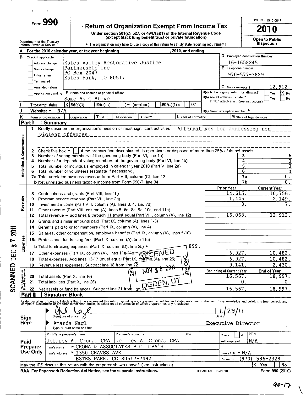 Image of first page of 2010 Form 990 for Estes Valley Restorative Justice Partnership