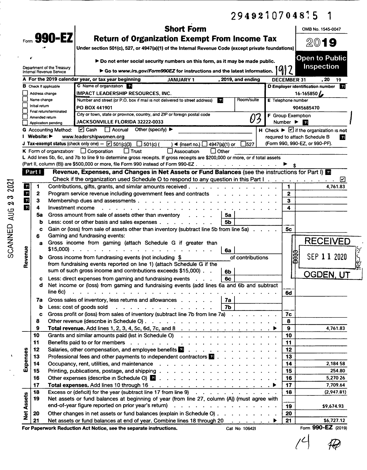 Image of first page of 2019 Form 990EZ for Impact Leadership Resources