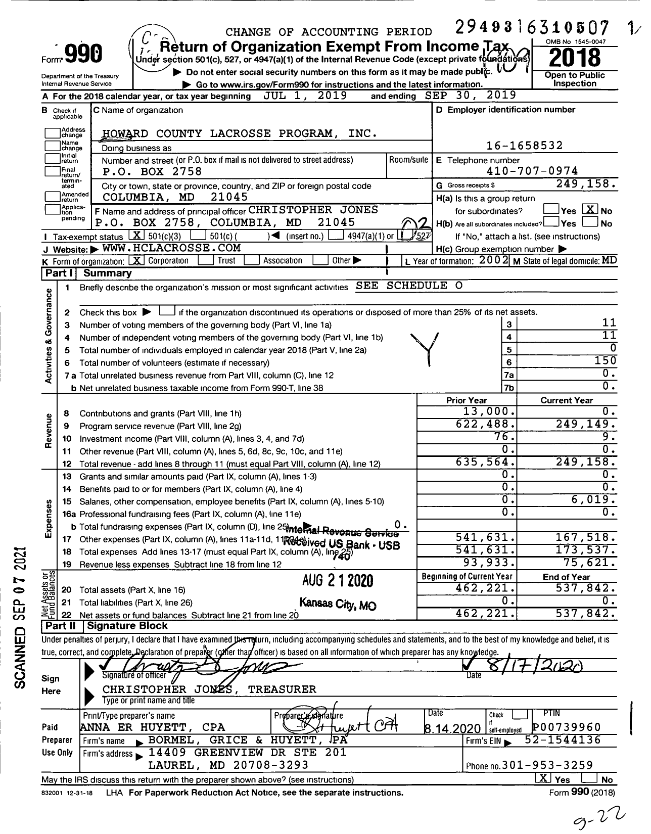 Image of first page of 2018 Form 990 for Howard County Lacrosse Program