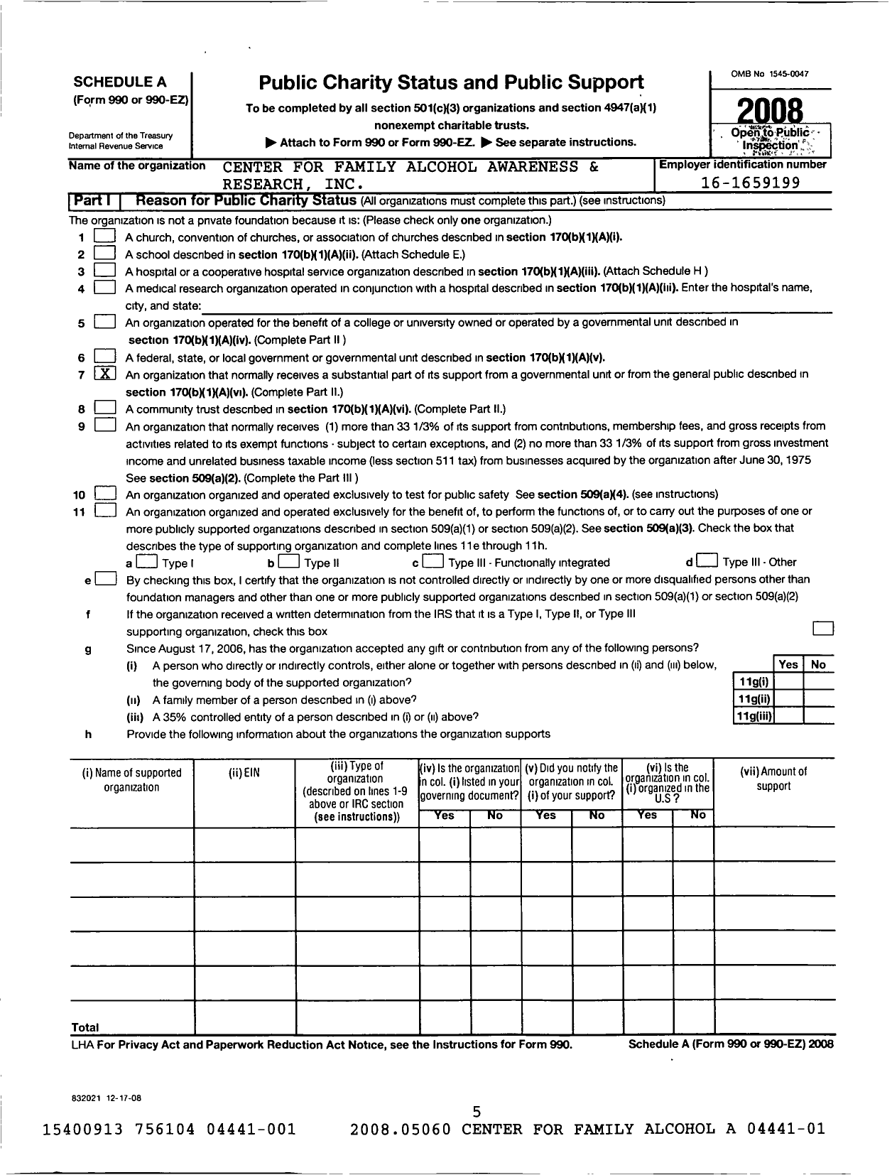 Image of first page of 2008 Form 990ER for Center for Family Alcohol Awareness and Resources