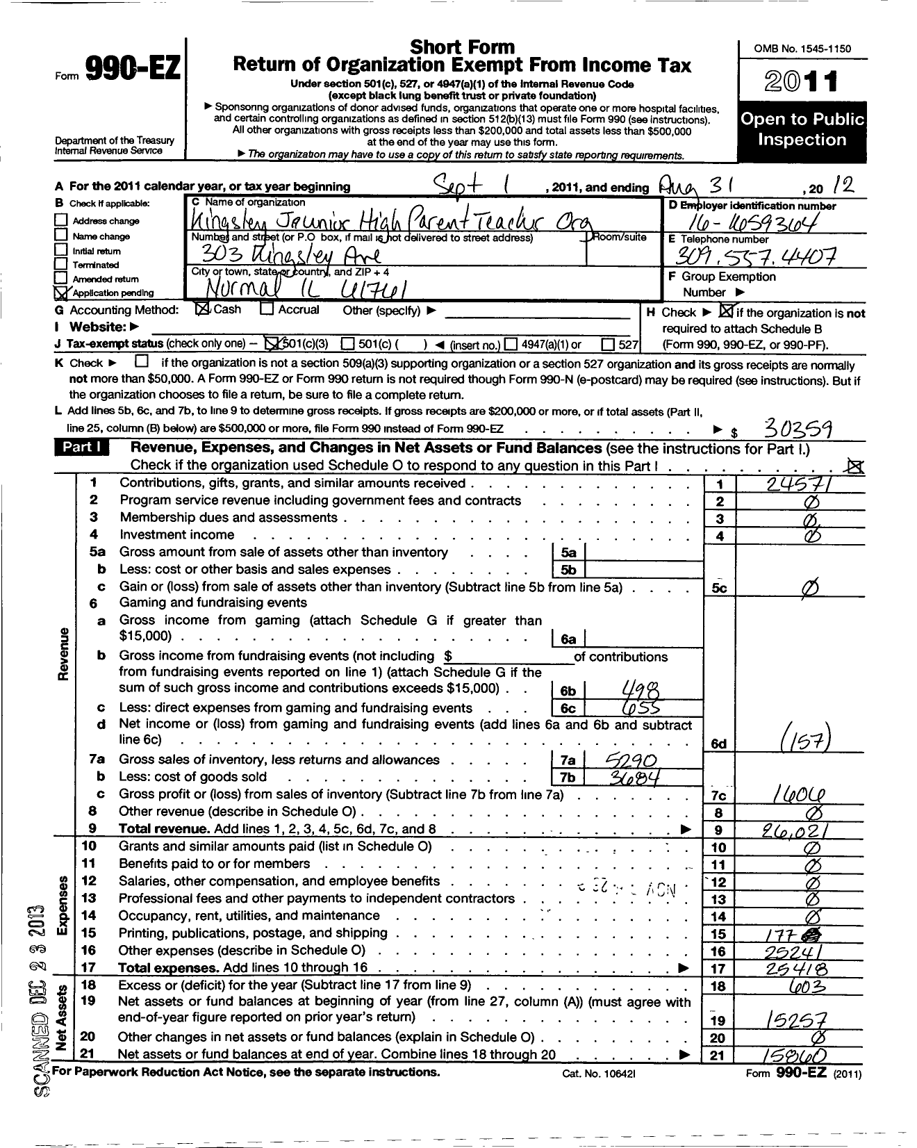 Image of first page of 2011 Form 990EZ for Kingsley Junior High Parent Teacher Org