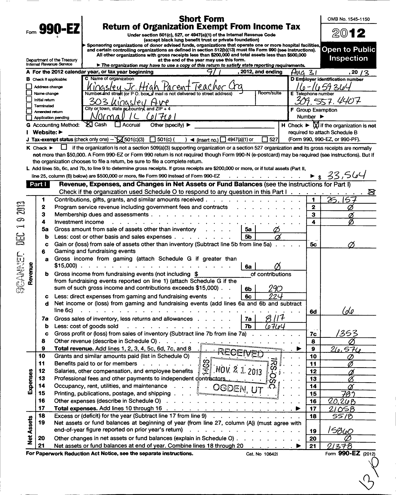 Image of first page of 2012 Form 990EZ for Kingsley Junior High Parent Teacher Org