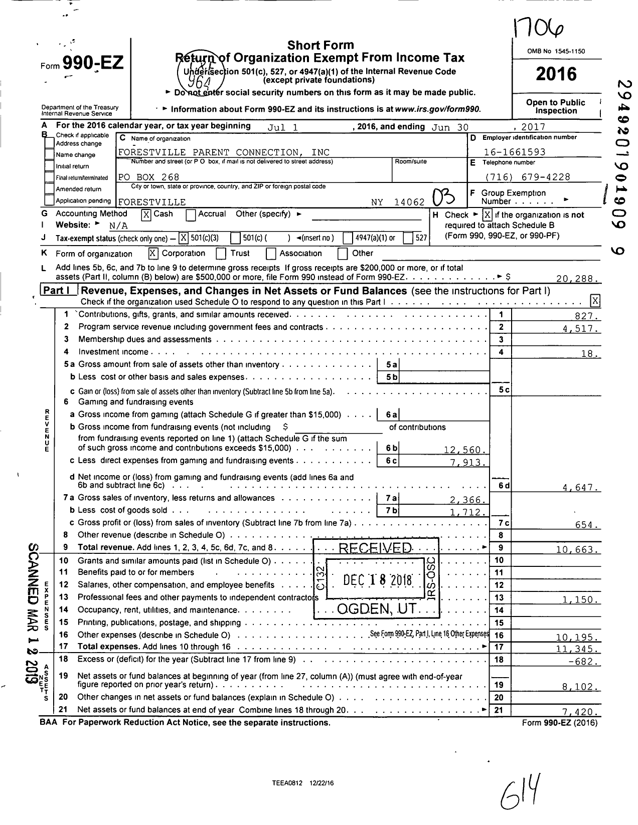 Image of first page of 2016 Form 990EZ for Forestville Parent Connection