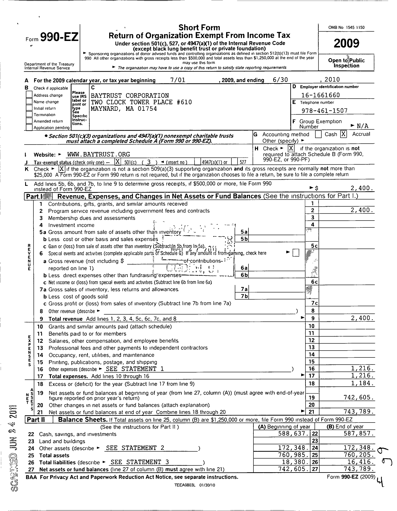 Image of first page of 2009 Form 990EZ for Baytrust Corporation