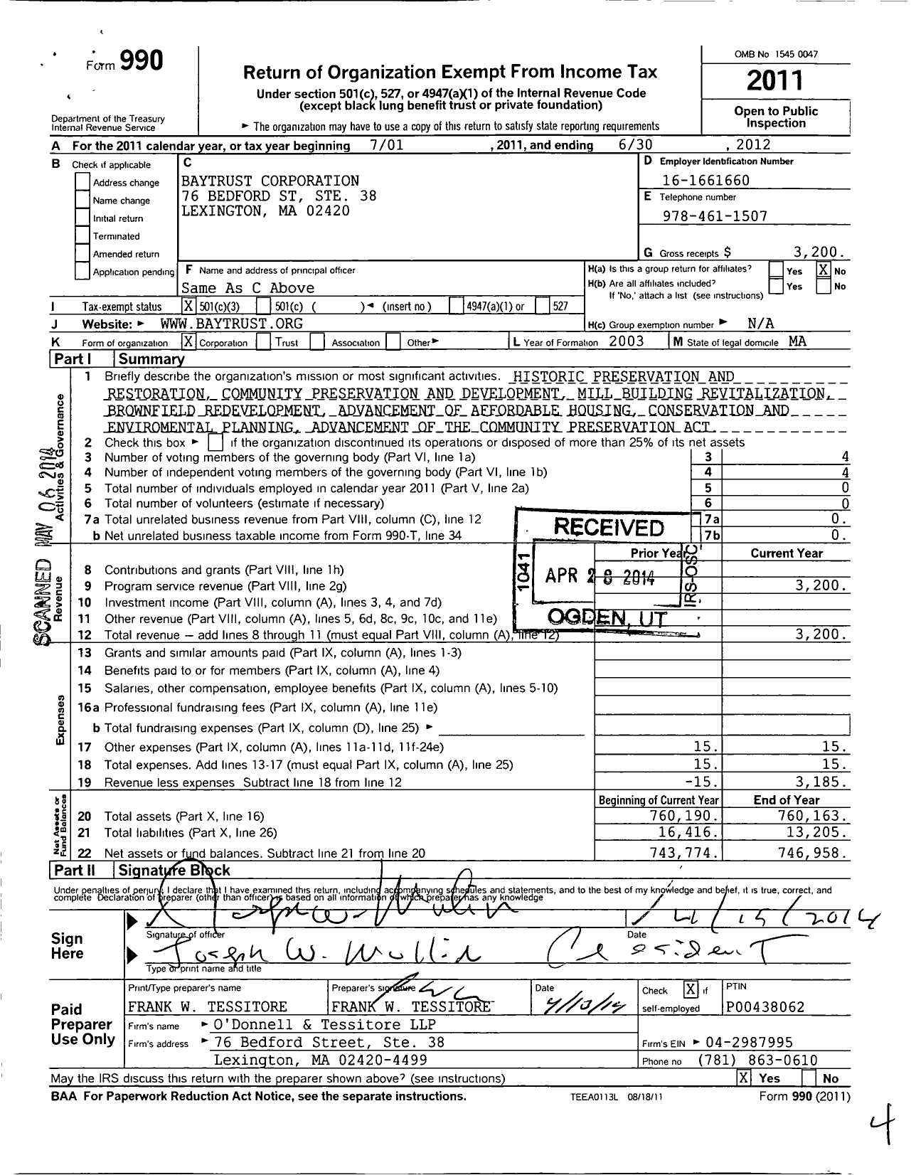 Image of first page of 2011 Form 990 for Baytrust Corporation