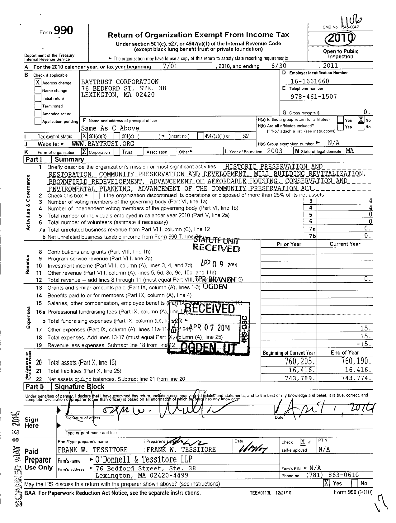 Image of first page of 2010 Form 990 for Baytrust Corporation