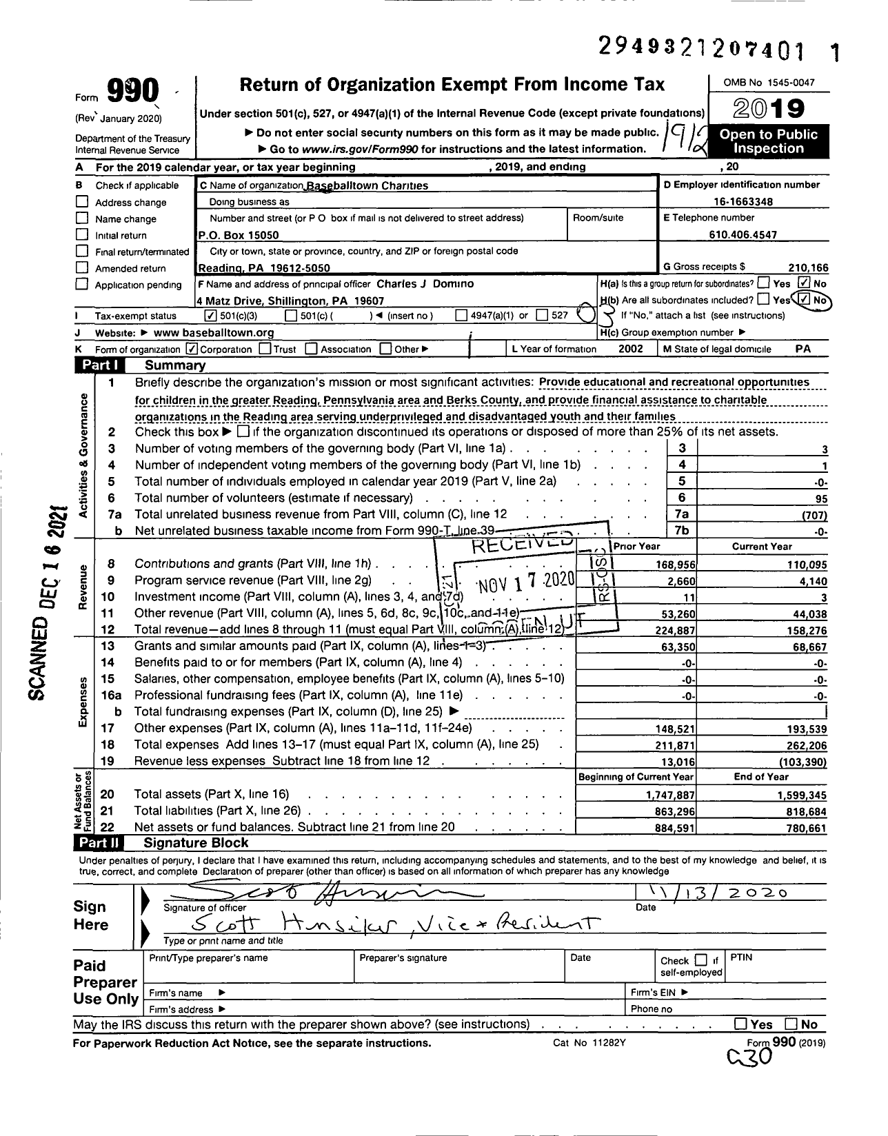 Image of first page of 2019 Form 990 for Baseballtown Charities