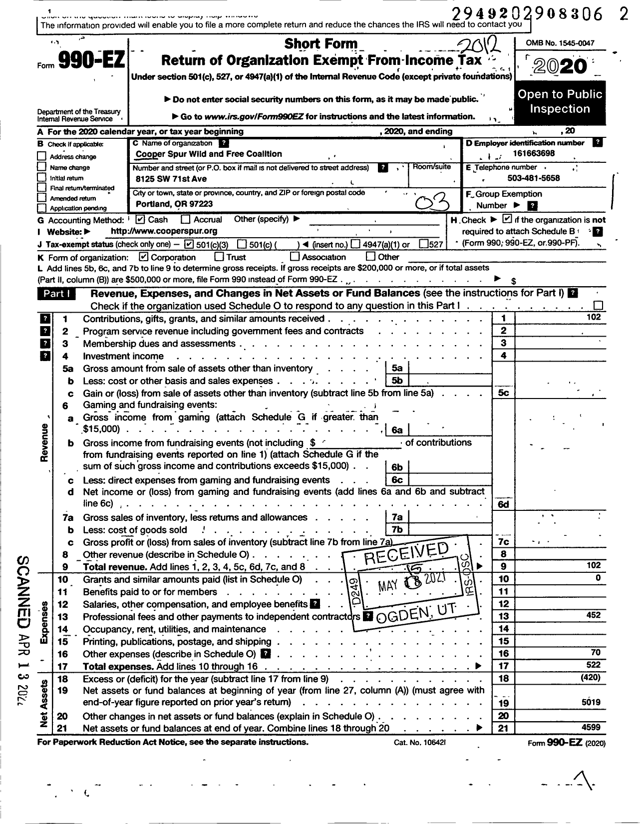 Image of first page of 2020 Form 990EZ for Cooper Spur Wild and Free