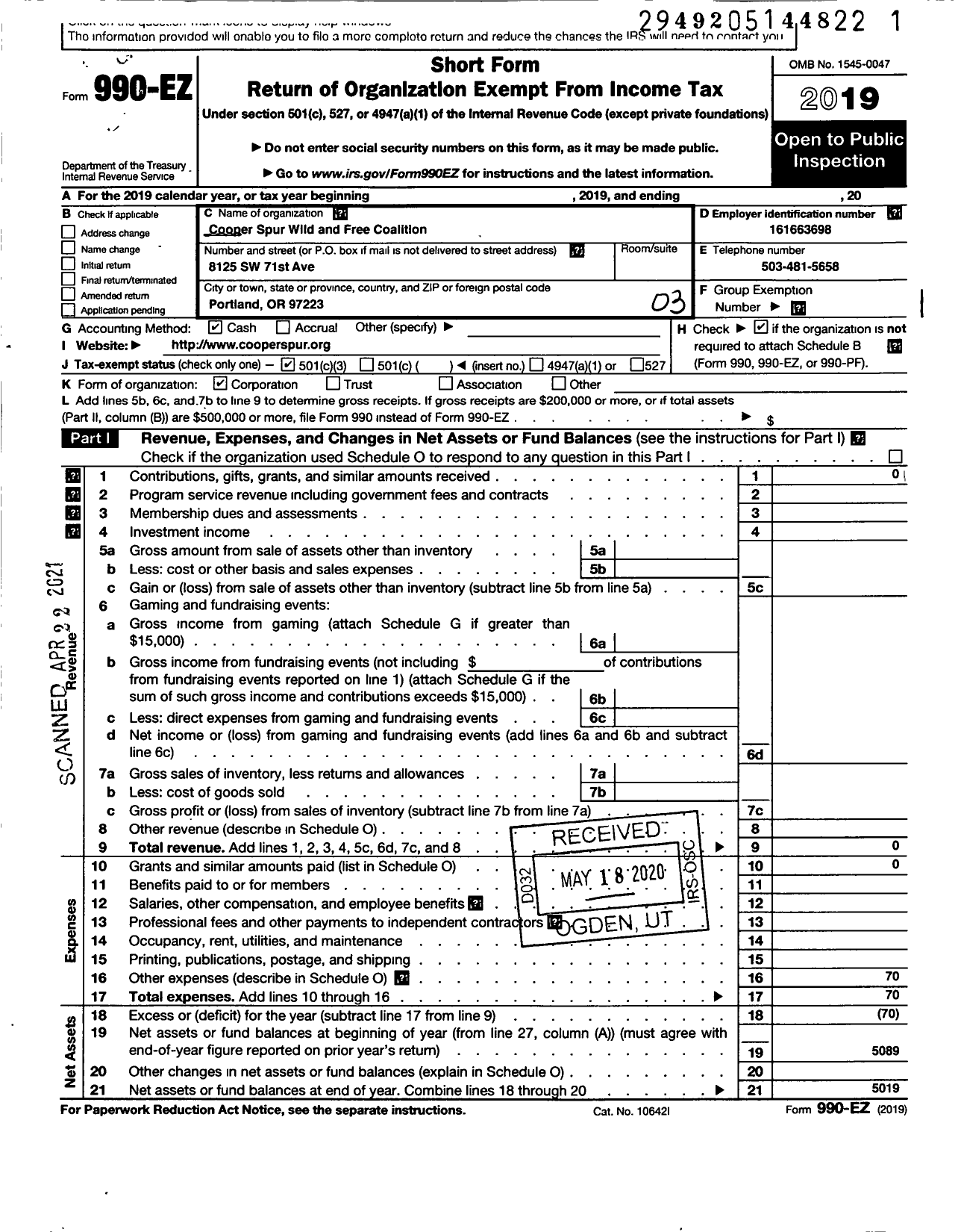 Image of first page of 2019 Form 990EZ for Cooper Spur Wild and Free