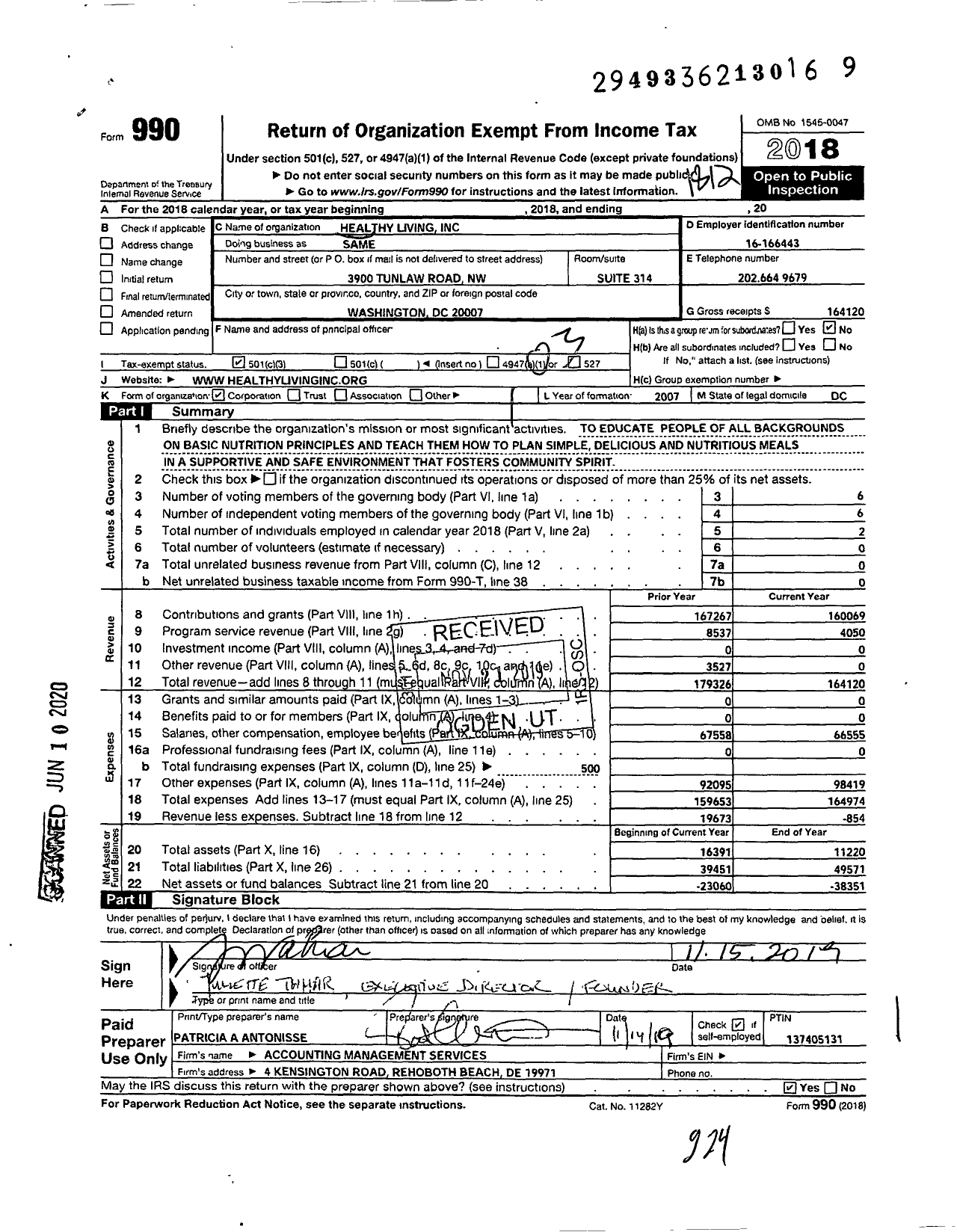 Image of first page of 2018 Form 990 for Healthy Living
