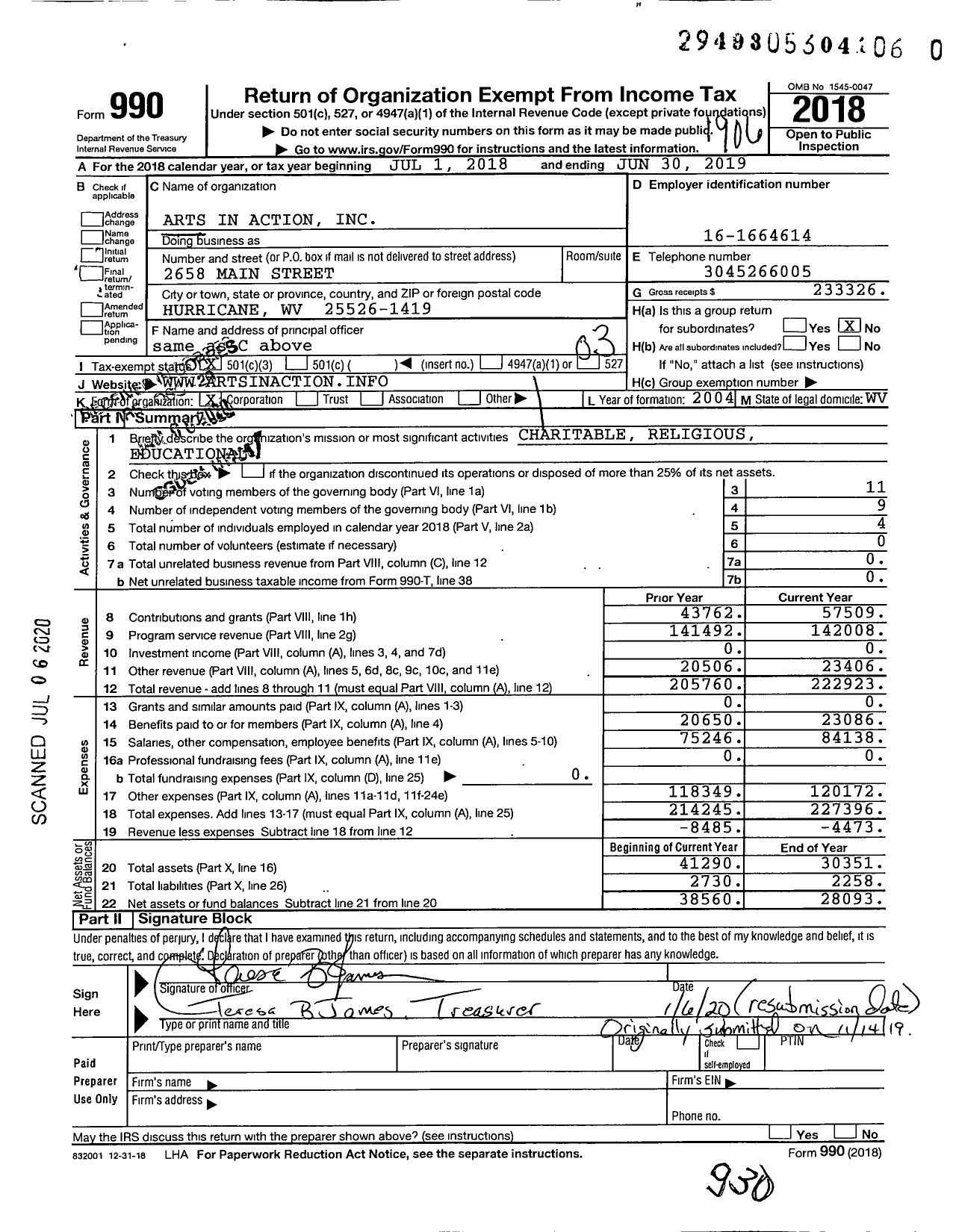 Image of first page of 2018 Form 990 for Arts in Action