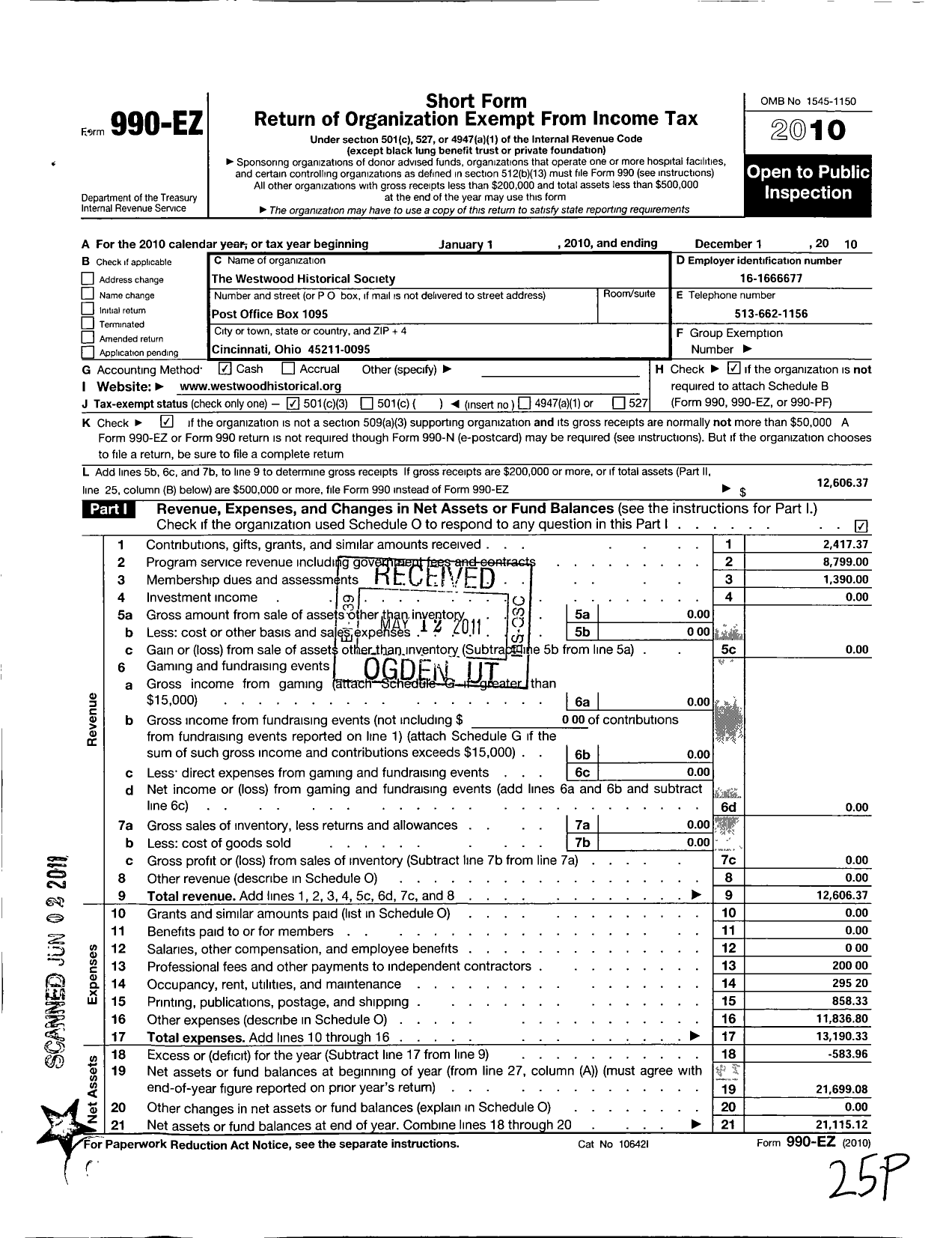 Image of first page of 2010 Form 990EZ for The Westwood Historical Society