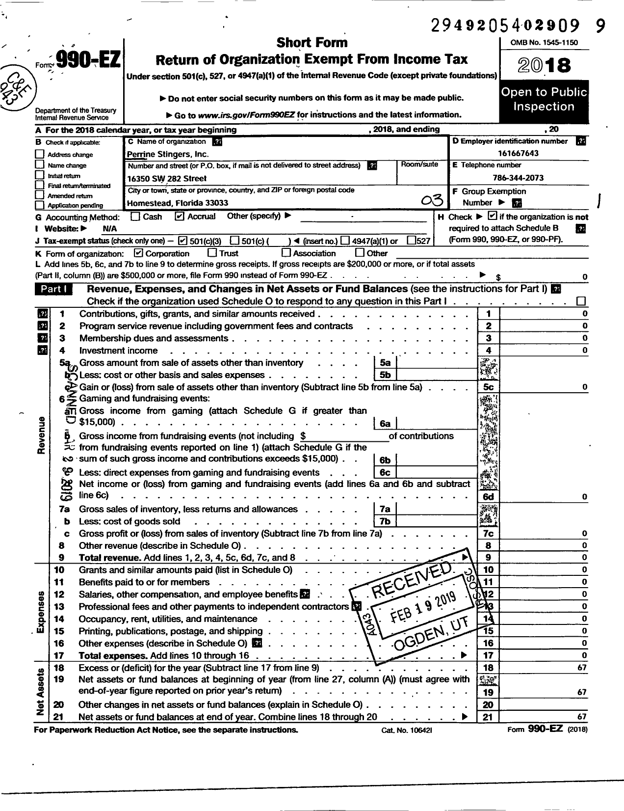 Image of first page of 2018 Form 990EZ for Perrine Stingers