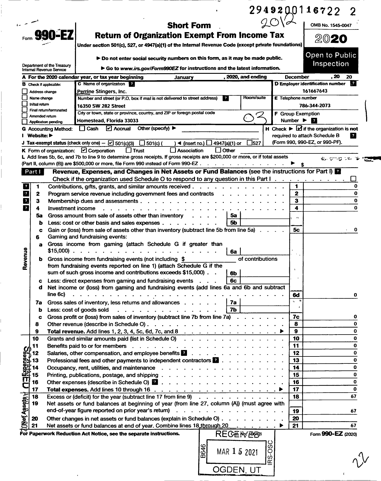 Image of first page of 2020 Form 990EZ for Perrine Stingers