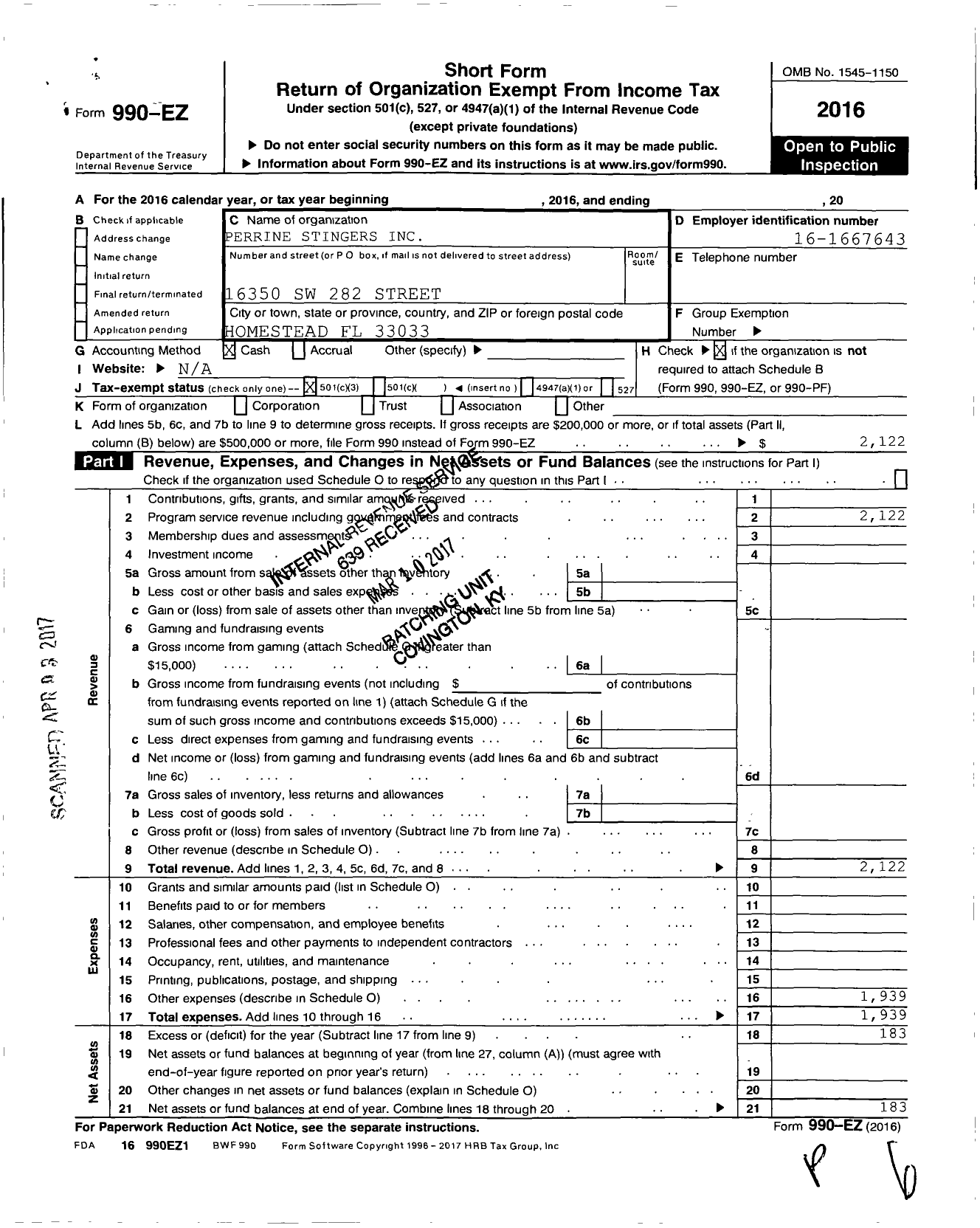 Image of first page of 2016 Form 990EZ for Perrine Stingers