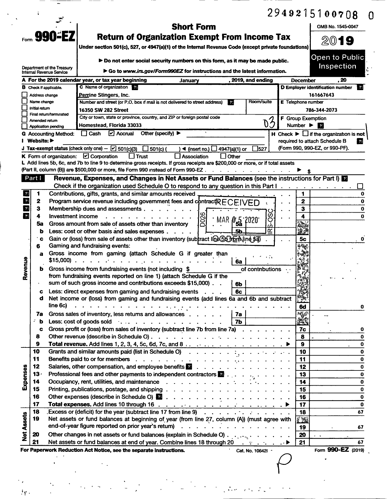 Image of first page of 2019 Form 990EZ for Perrine Stingers