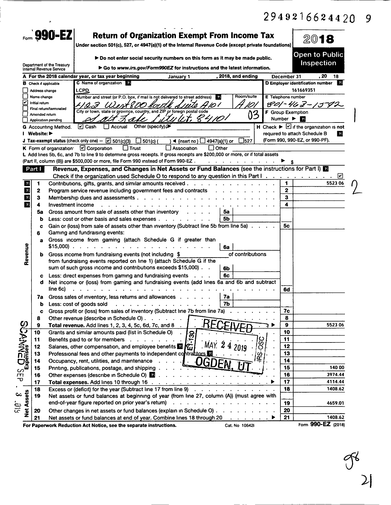 Image of first page of 2018 Form 990EZ for LCPD (LCPD Utah)