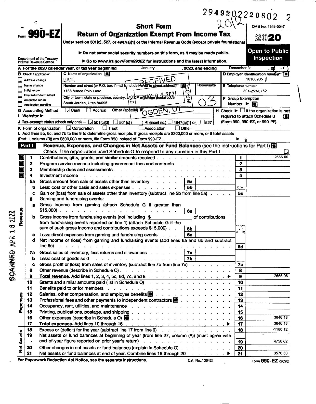 Image of first page of 2020 Form 990EZ for LCPD (LCPD Utah)