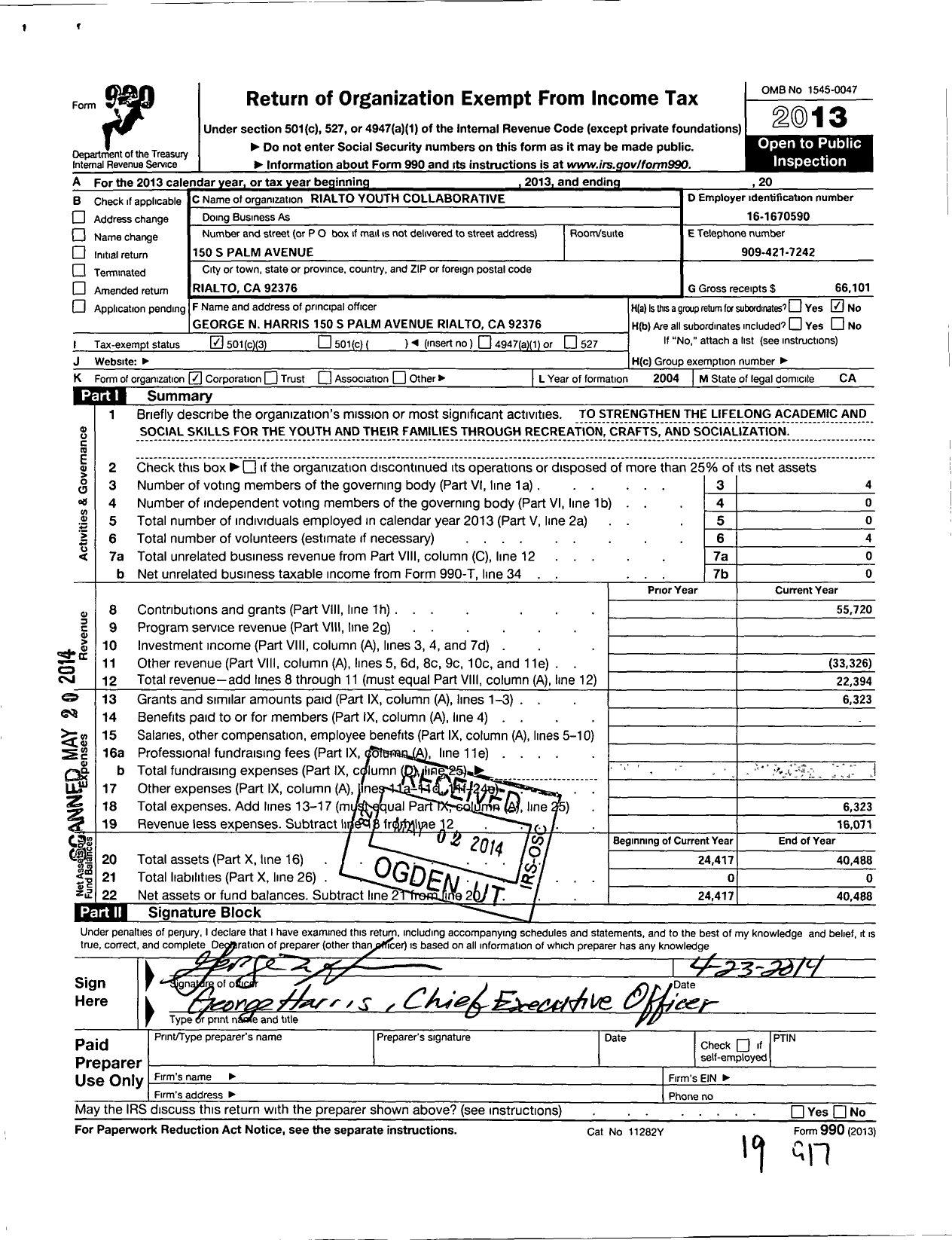 Image of first page of 2013 Form 990 for Rialto Youth Collaborative