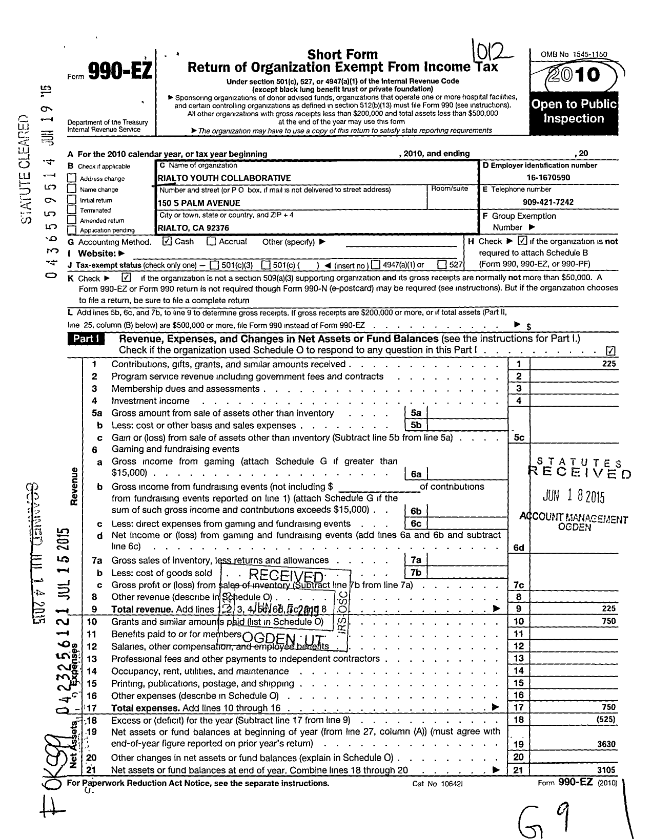 Image of first page of 2010 Form 990EO for Rialto Youth Collaborative