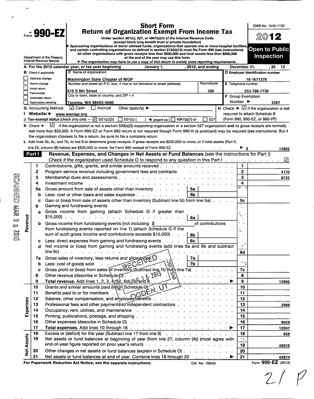 Image of first page of 2012 Form 990EZ for National Institute of Governmental Purchasing / Washington State Chapter of Ngip