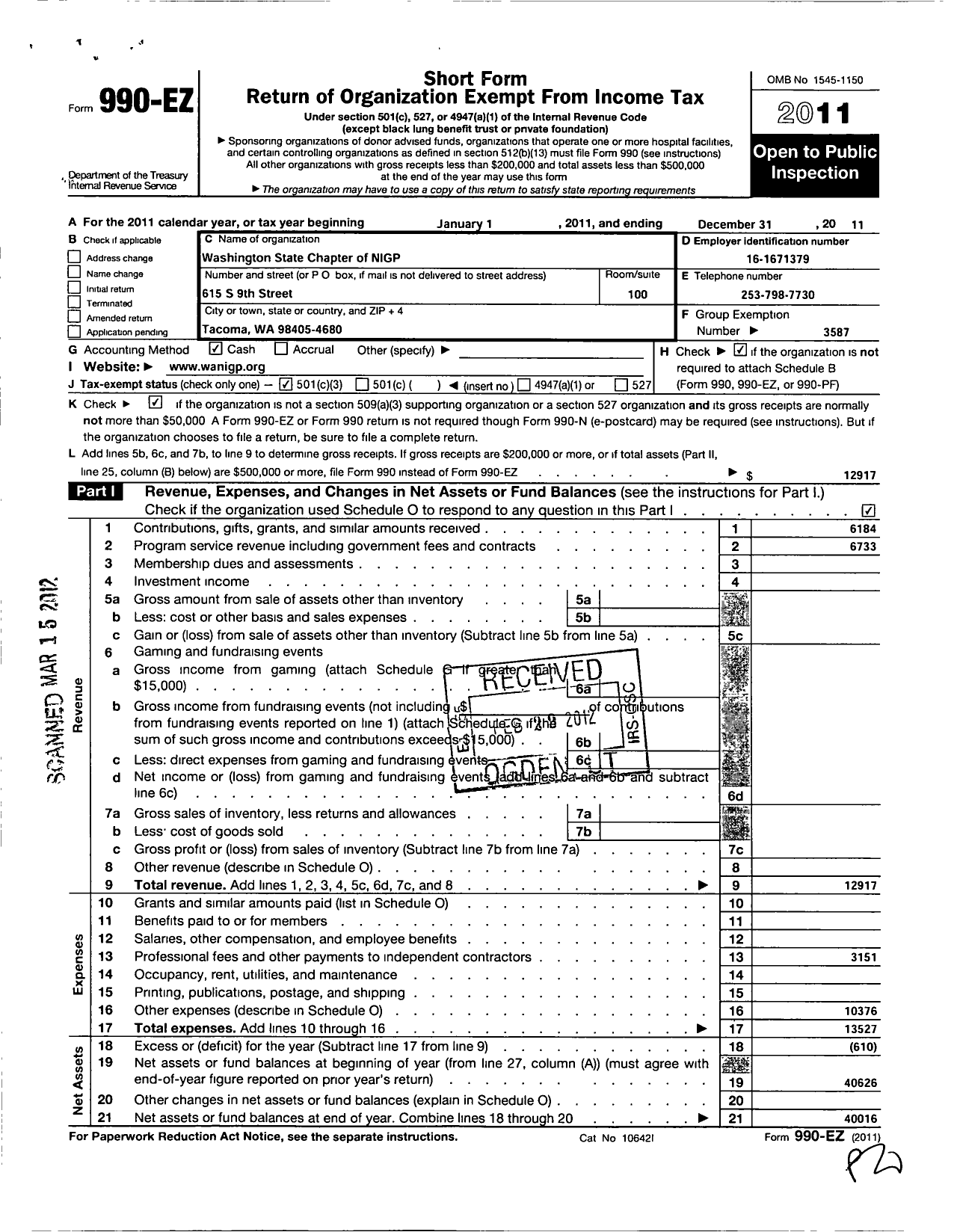 Image of first page of 2011 Form 990EZ for National Institute of Governmental Purchasing / Washington State Chapter of Ngip