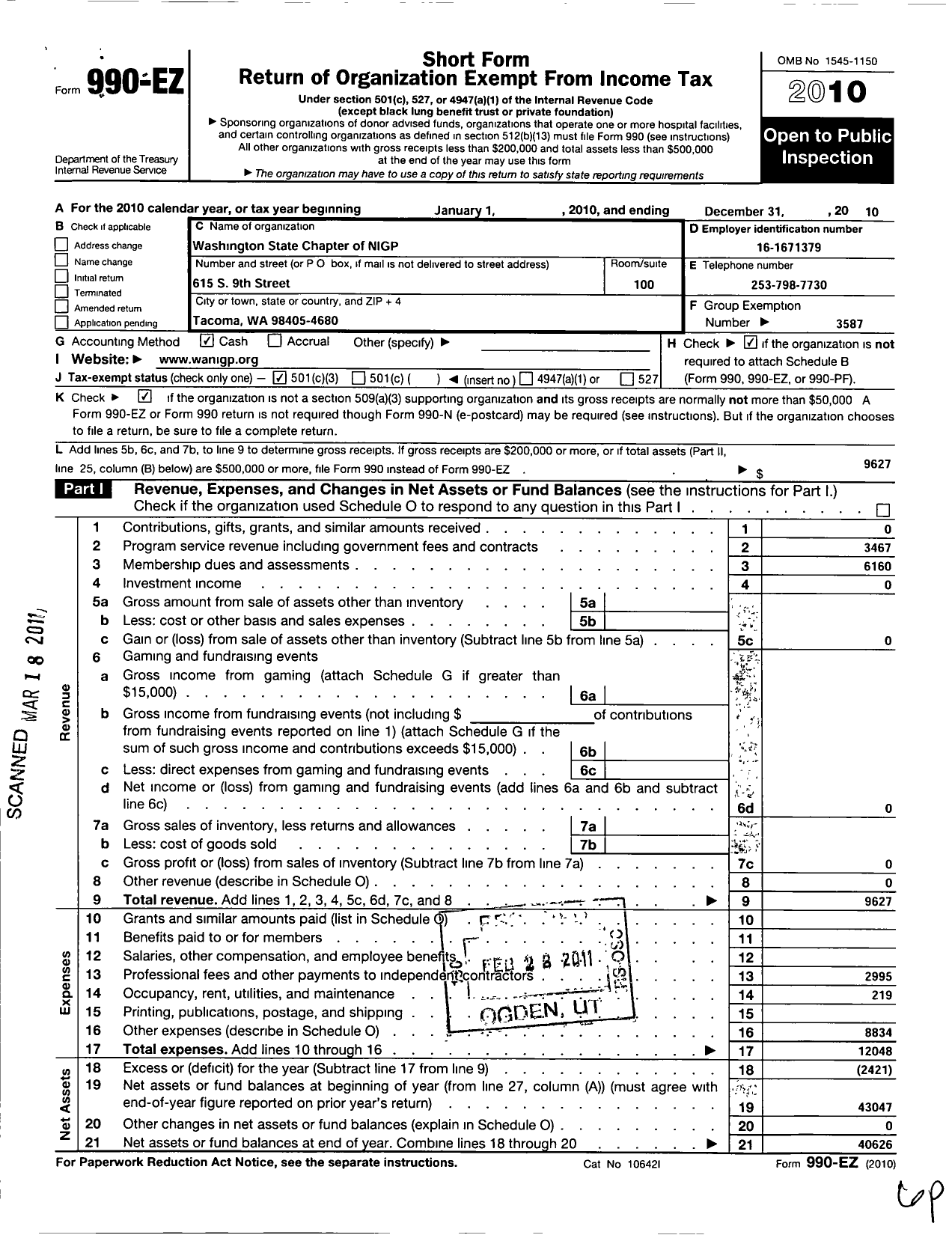 Image of first page of 2010 Form 990EZ for National Institute of Governmental Purchasing / Washington State Chapter of Ngip