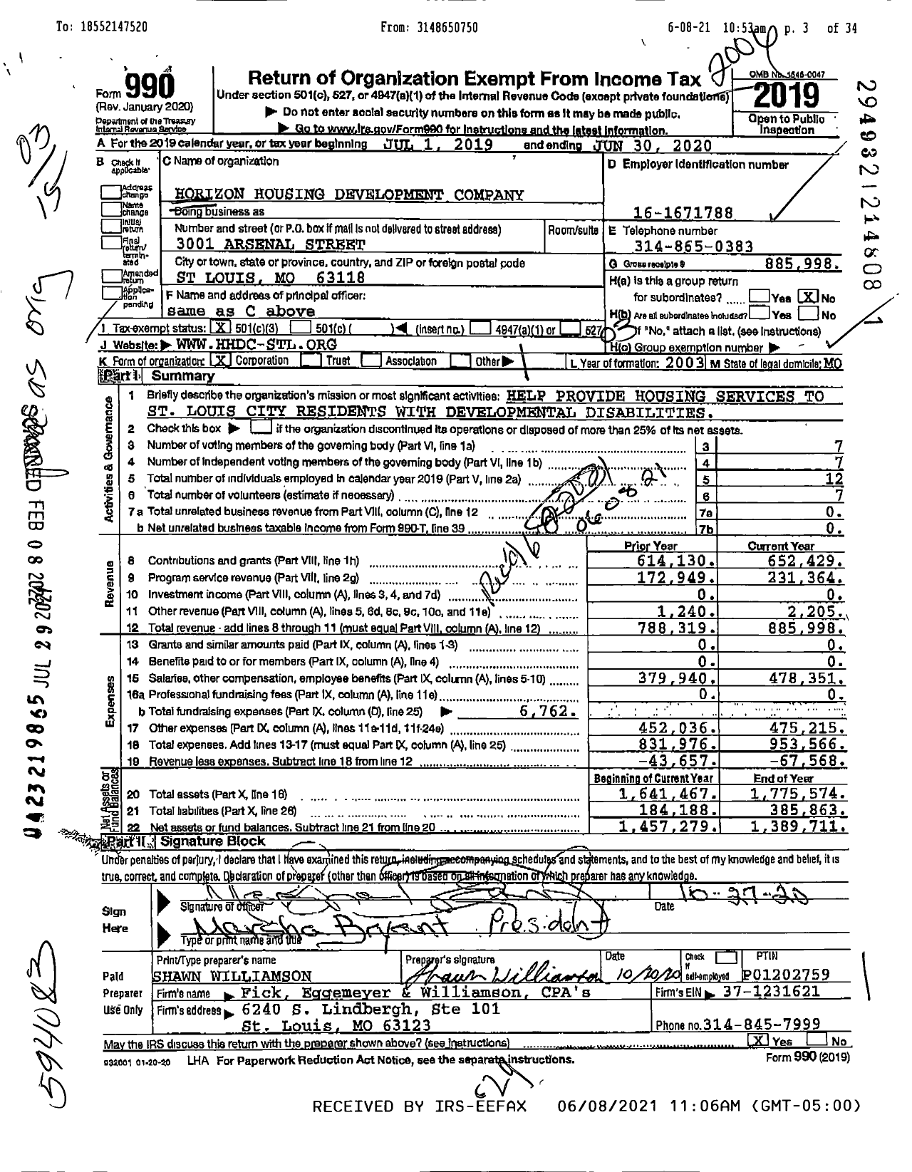 Image of first page of 2019 Form 990 for Horizon Housing Development Company