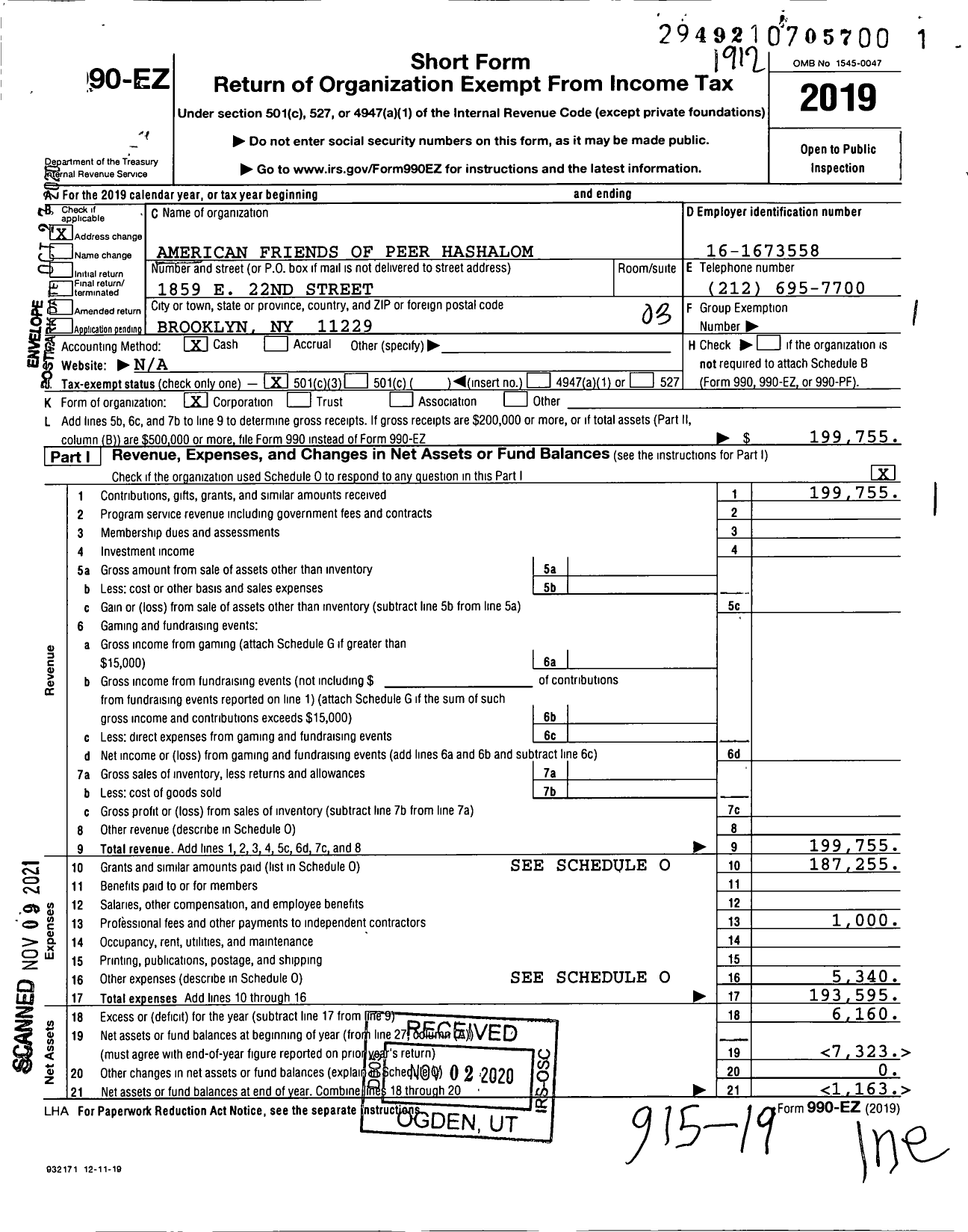 Image of first page of 2019 Form 990EZ for American Friends of Peer Hashalom