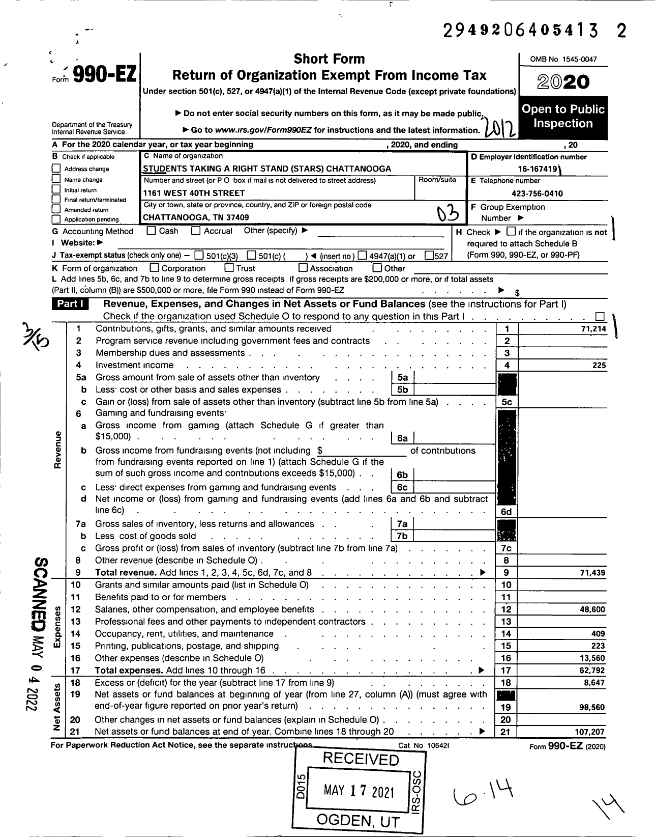 Image of first page of 2020 Form 990EZ for Students Taking A Right Stand Stars Chattanooga