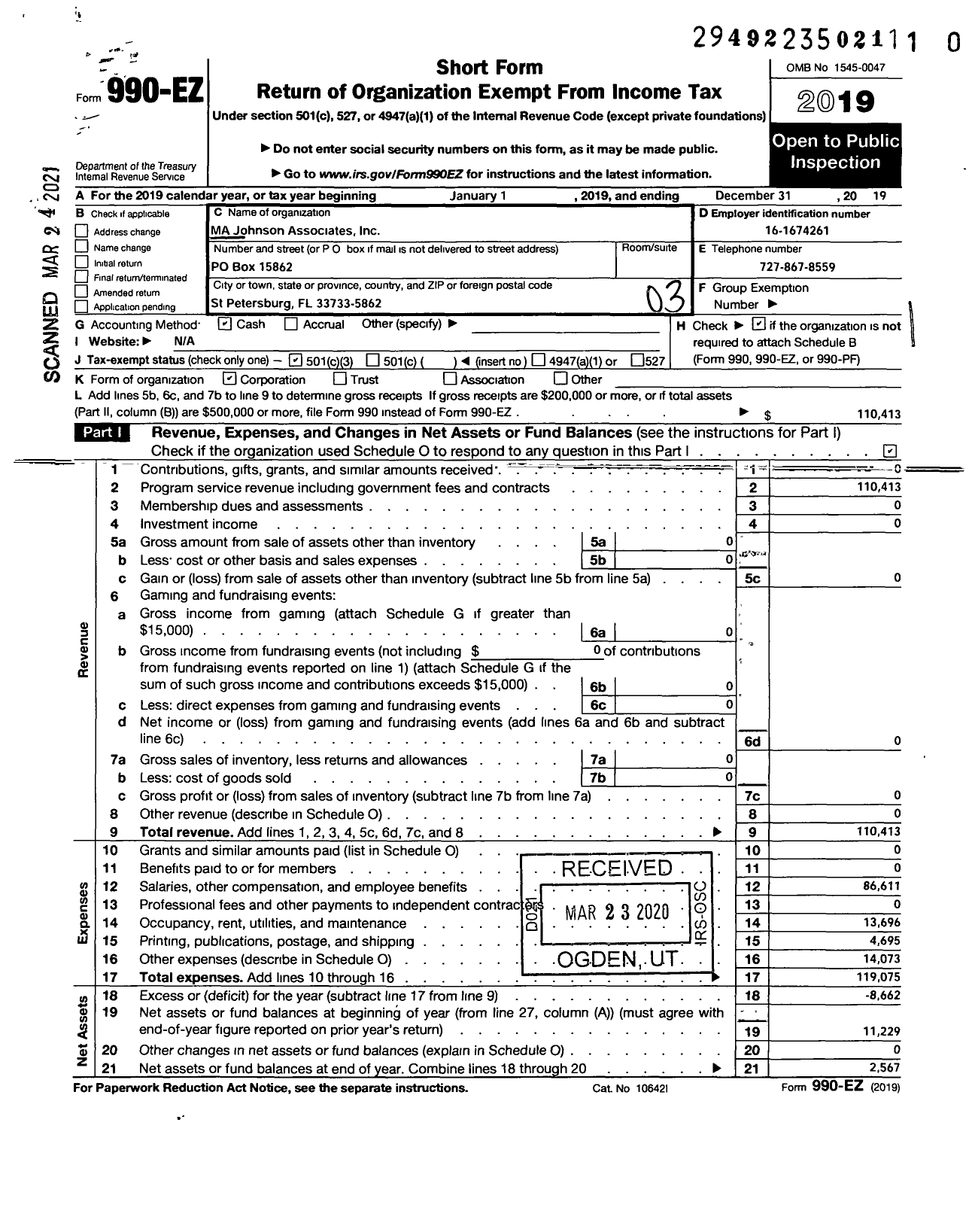 Image of first page of 2019 Form 990EZ for Ma Johnson Associates