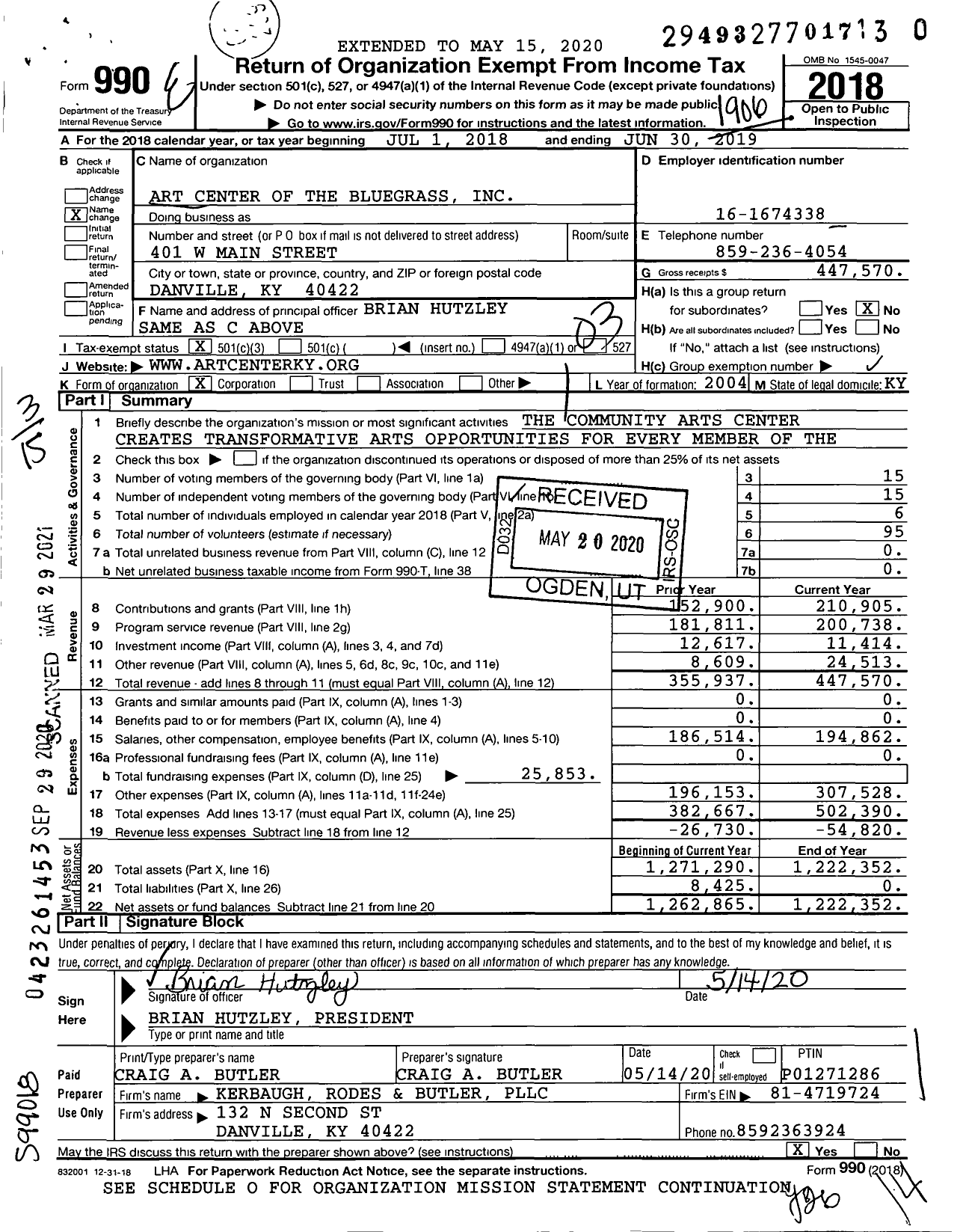 Image of first page of 2018 Form 990 for Art Center of the Bluegrass