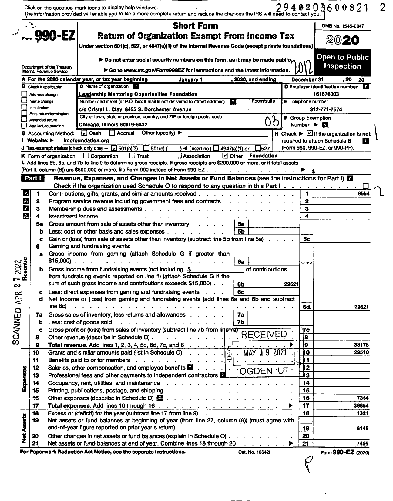 Image of first page of 2020 Form 990EZ for Leadership Mentoring Opportunities Foundation