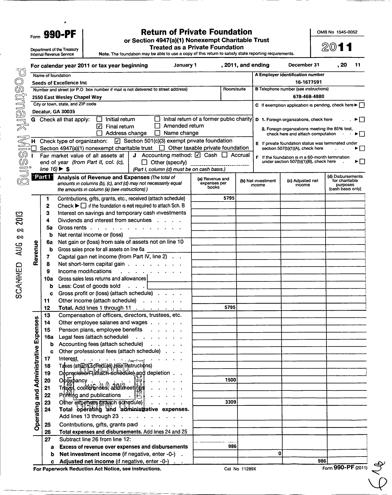 Image of first page of 2011 Form 990PF for Seeds of Excellence