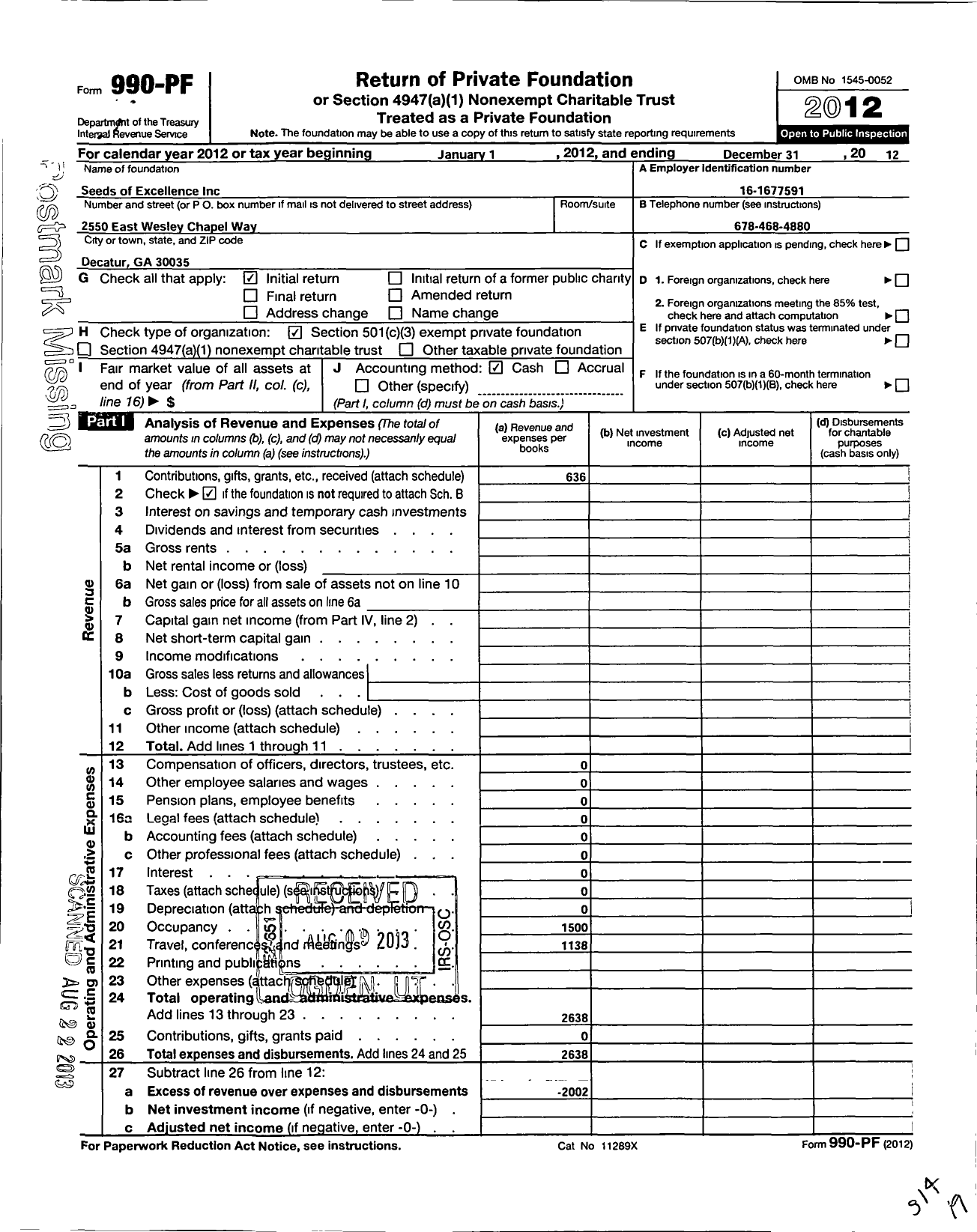 Image of first page of 2012 Form 990PF for Seeds of Excellence