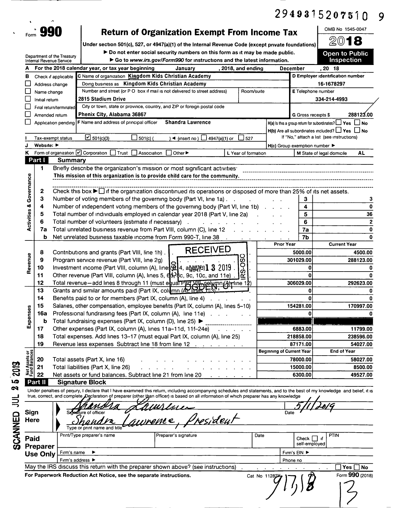 Image of first page of 2018 Form 990 for Kingdom Kids Christian Academy