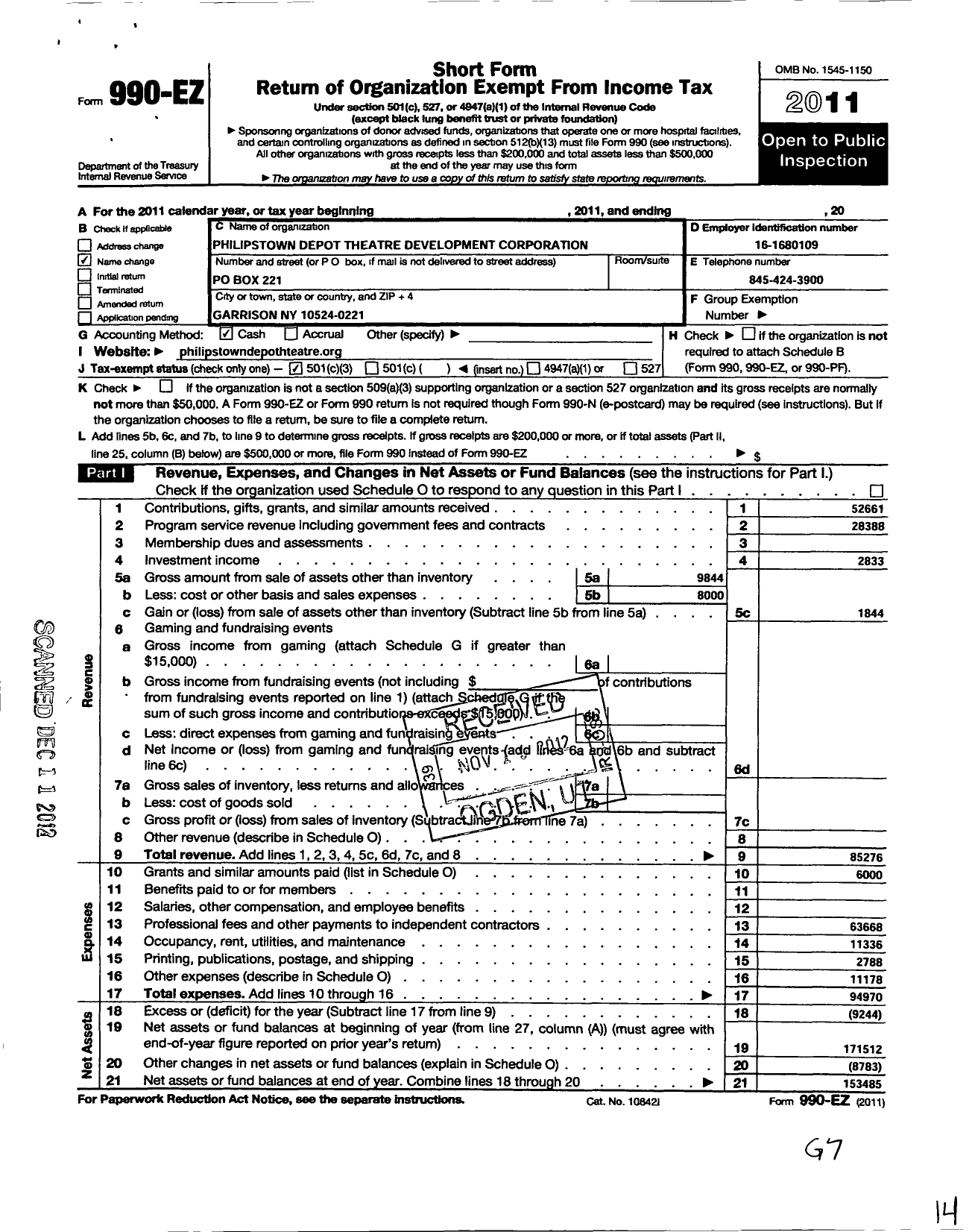 Image of first page of 2011 Form 990EZ for Philipstown Depot Theatre Development Corporation