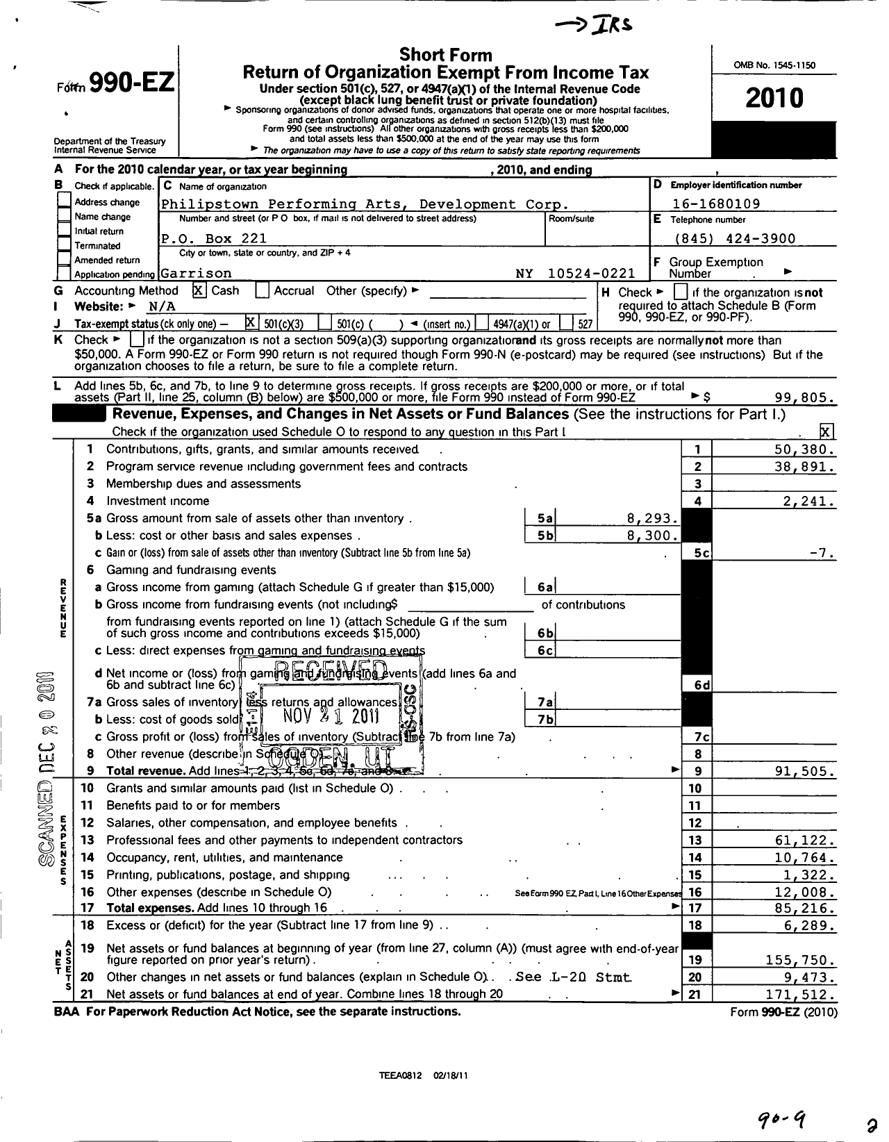 Image of first page of 2010 Form 990EZ for Philipstown Depot Theatre Development Corporation