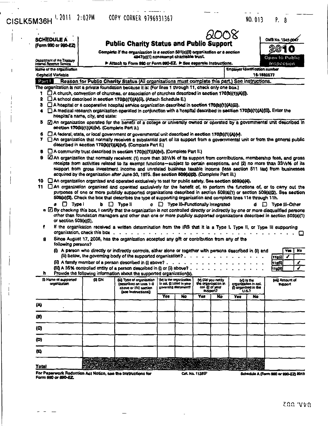 Image of first page of 2008 Form 990ER for Cepheid Variable