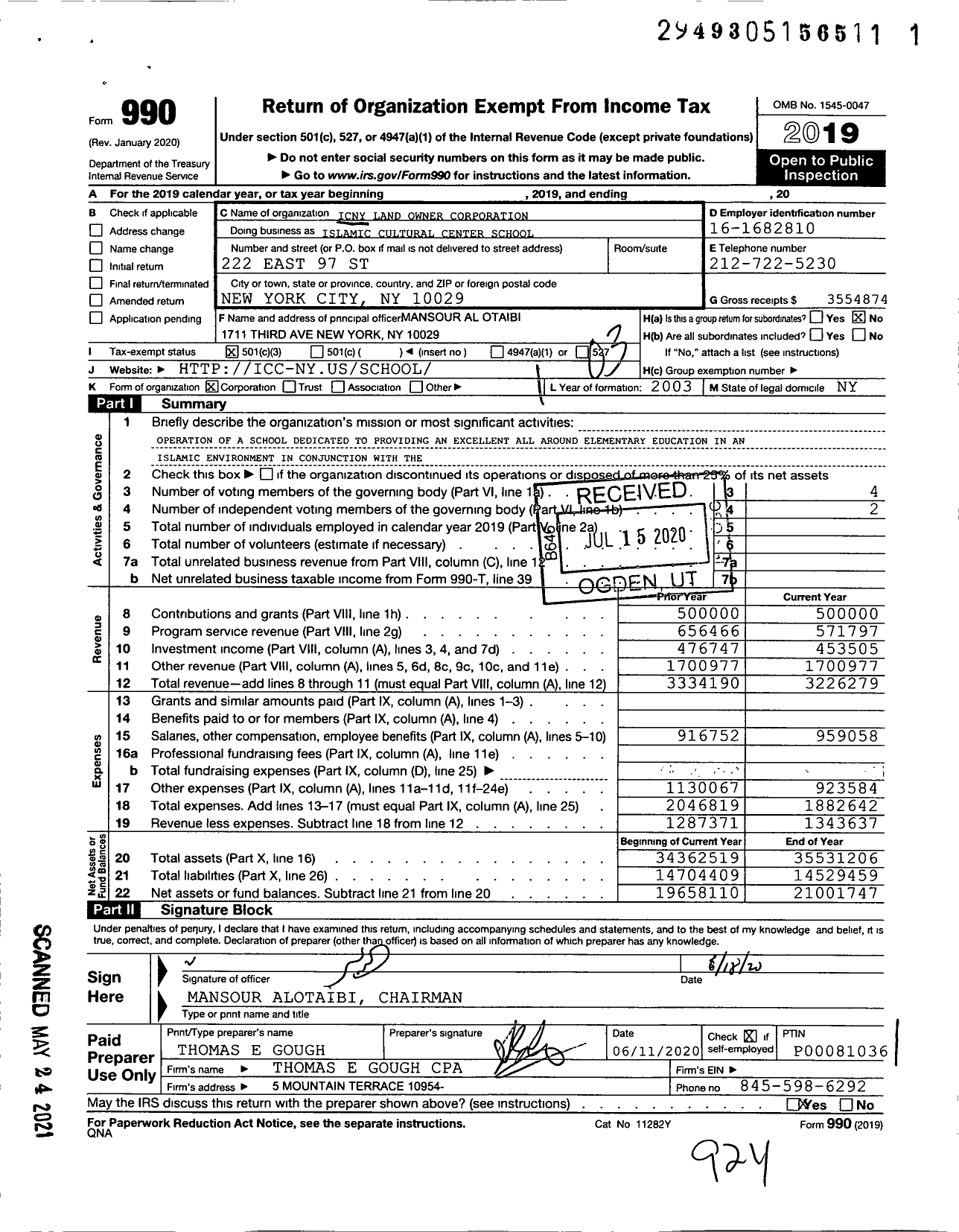 Image of first page of 2019 Form 990 for Islamic Cultural Center School (ICCS)