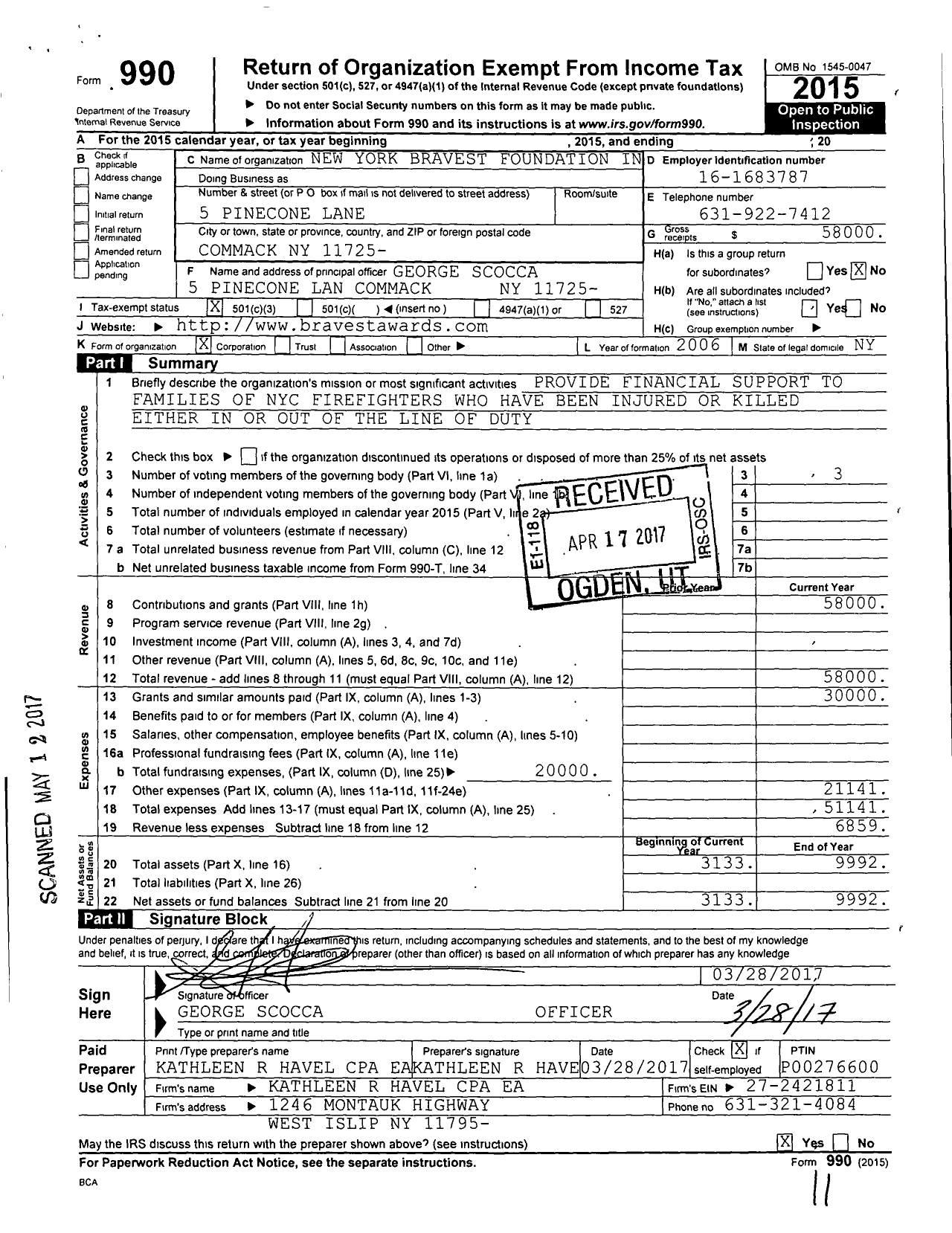 Image of first page of 2015 Form 990 for New York Bravest Foundation