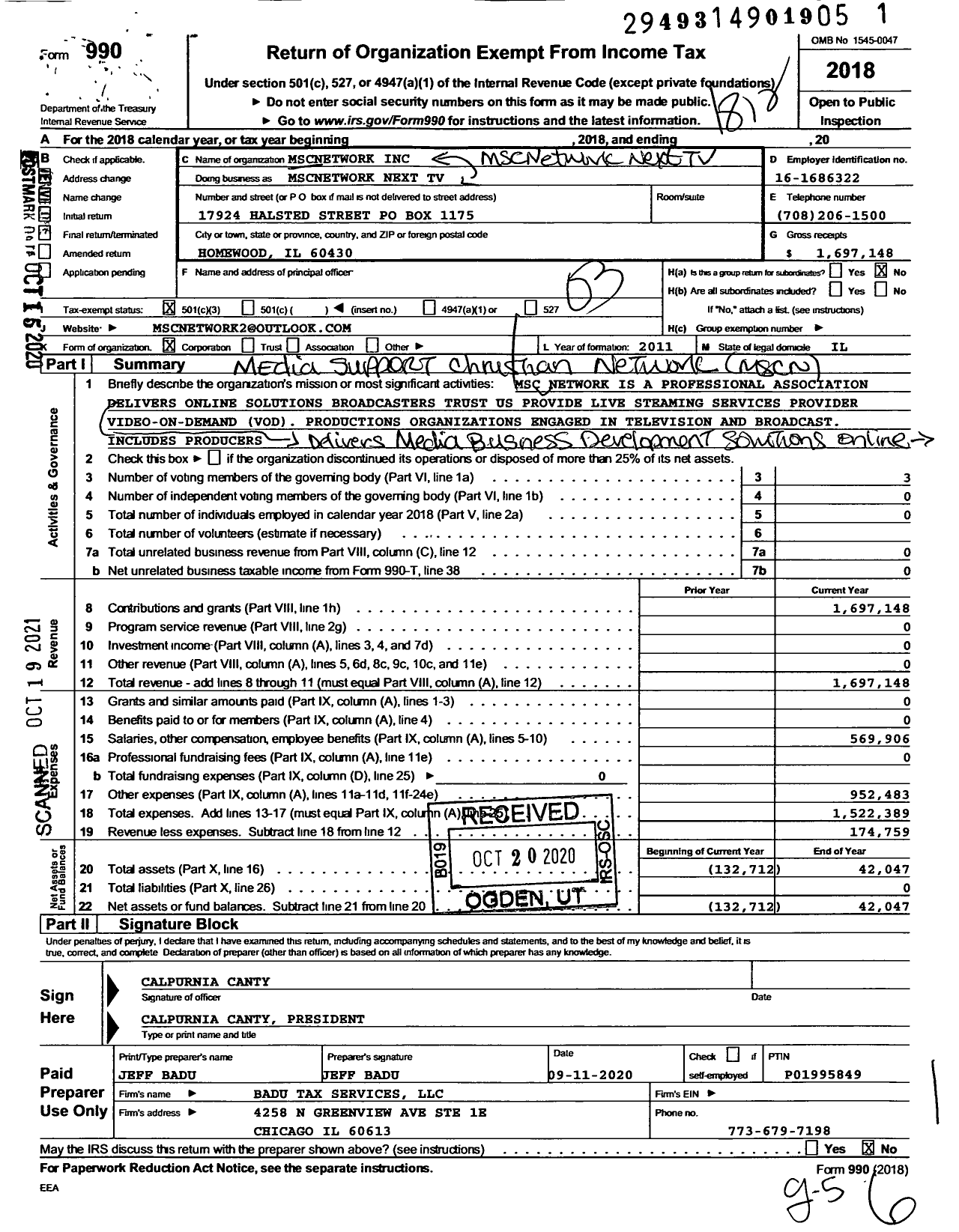 Image of first page of 2018 Form 990 for Mscnetwork