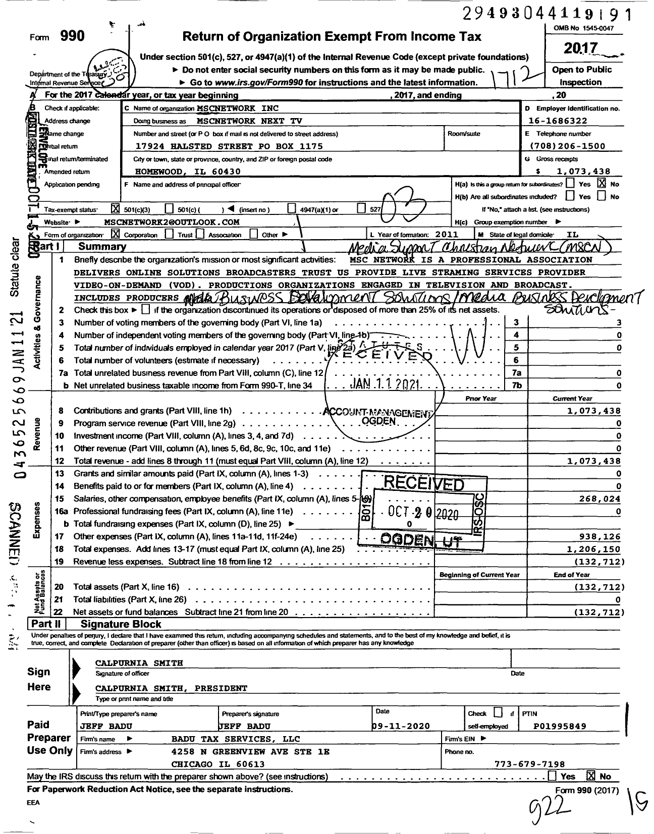 Image of first page of 2017 Form 990 for Mscnetwork