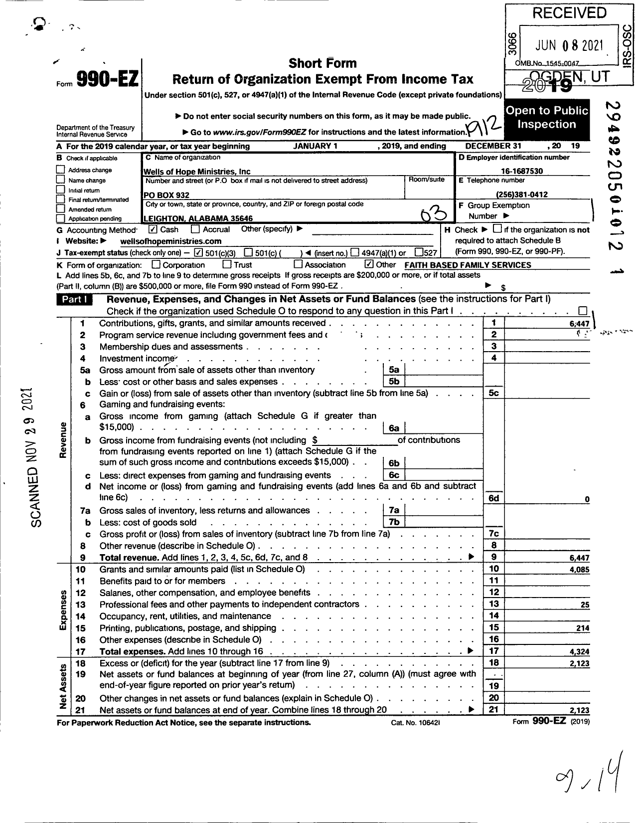 Image of first page of 2019 Form 990EZ for Wells of Hope Ministries