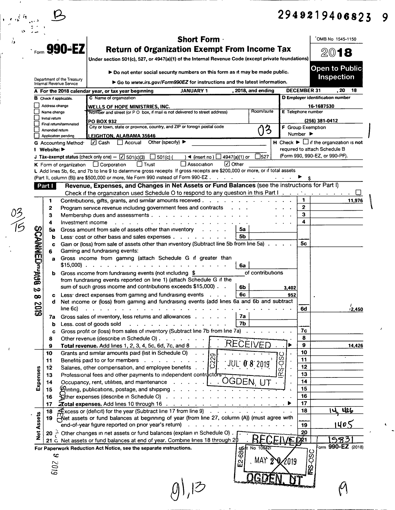 Image of first page of 2018 Form 990EZ for Wells of Hope Ministries