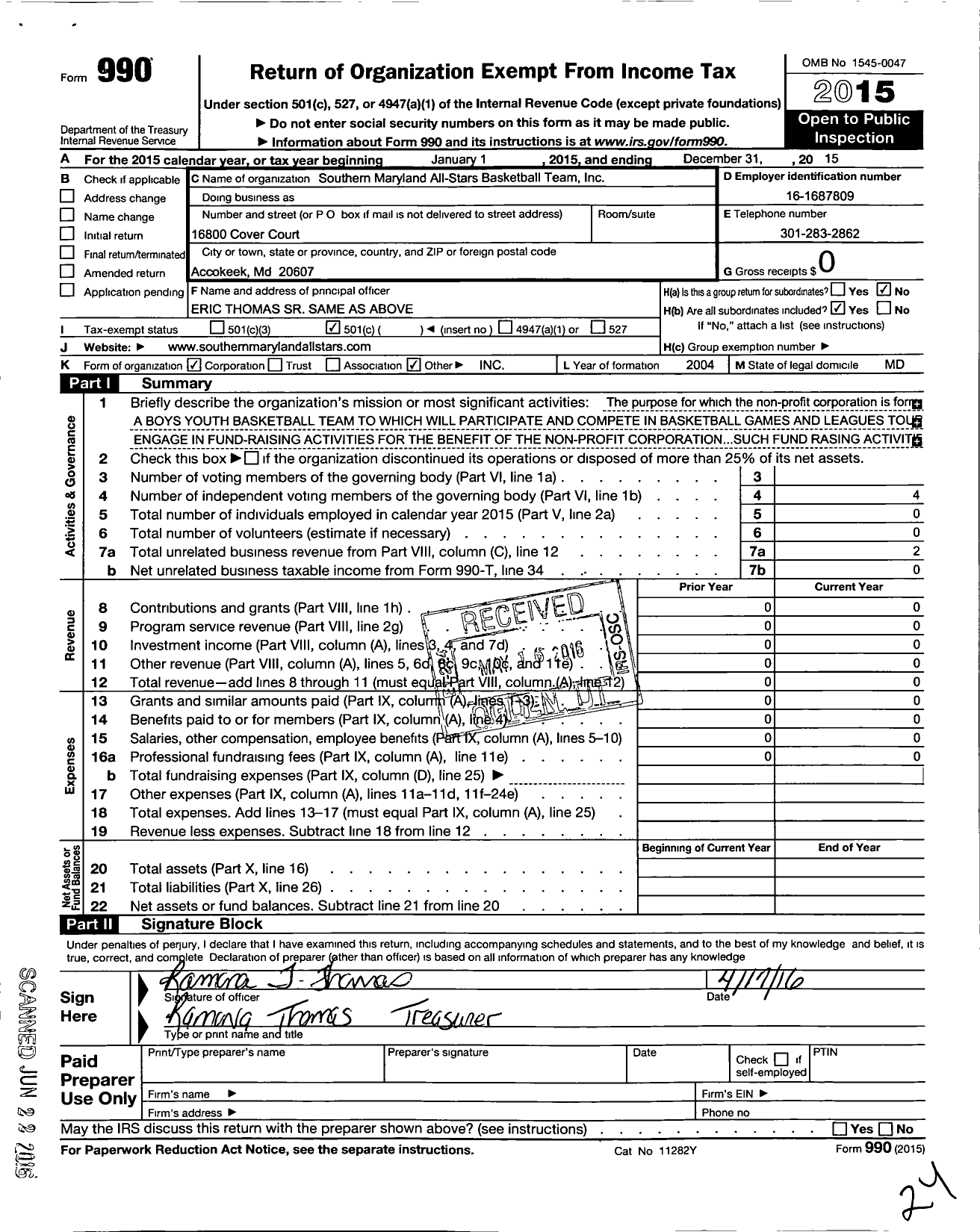 Image of first page of 2015 Form 990O for Southern Maryland All-Stars Basketball Team