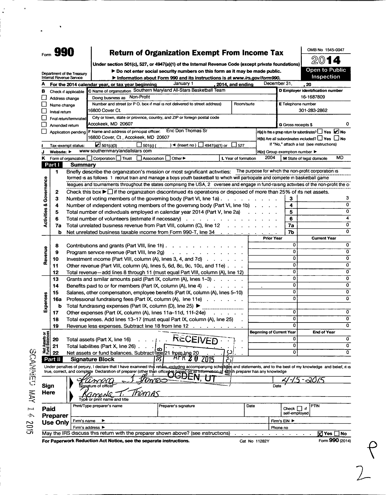 Image of first page of 2014 Form 990 for Southern Maryland All-Stars Basketball Team