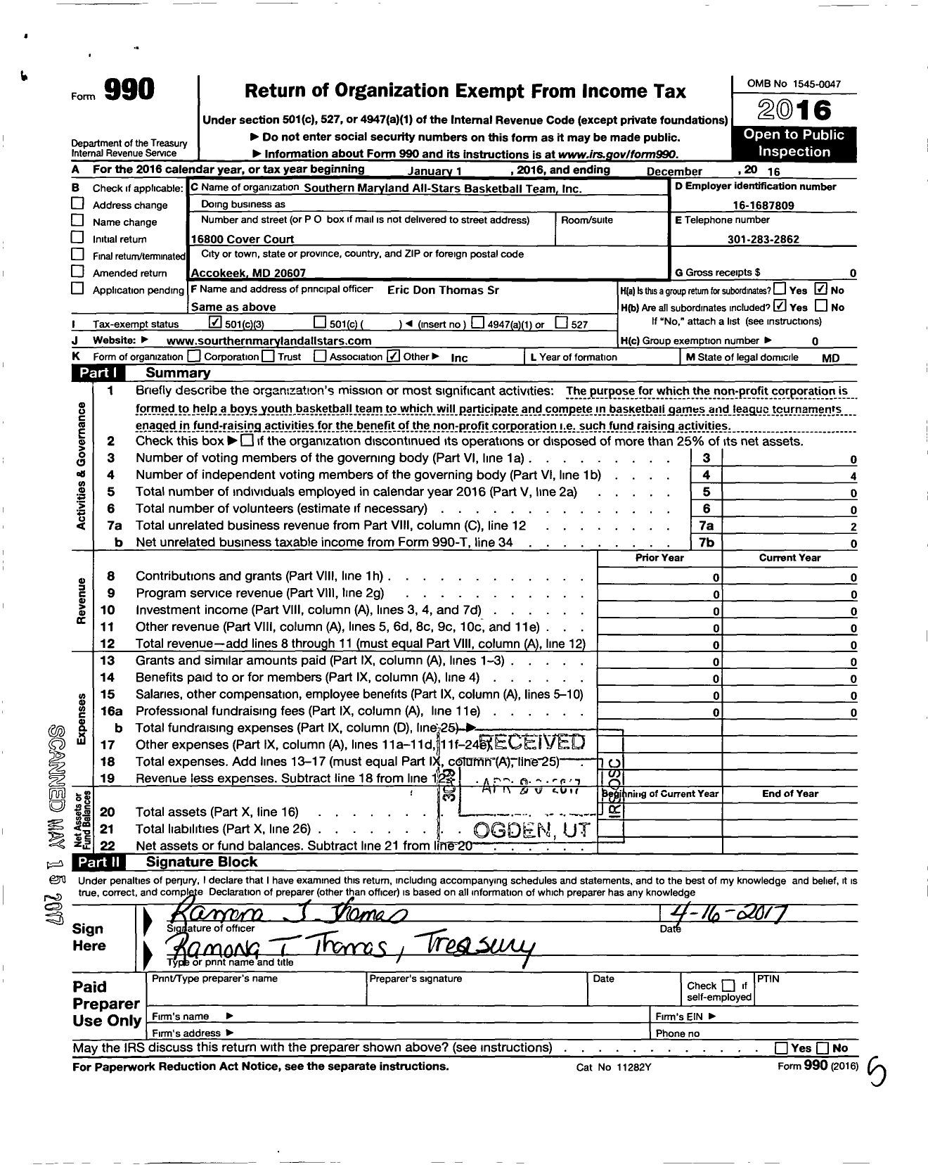 Image of first page of 2016 Form 990 for Southern Maryland All-Stars Basketball Team