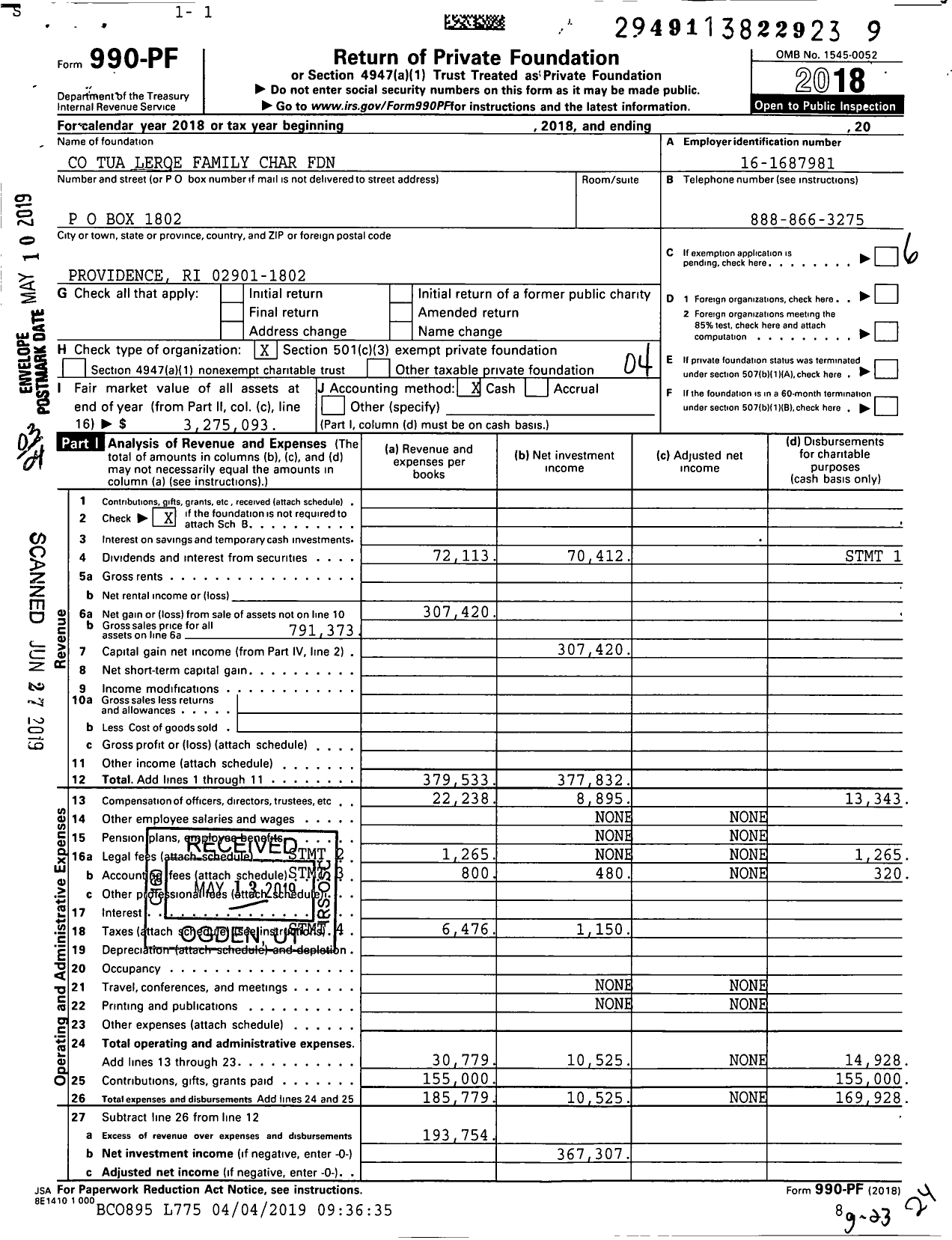 Image of first page of 2018 Form 990PF for Co Tua Leroe Family Char Foundation