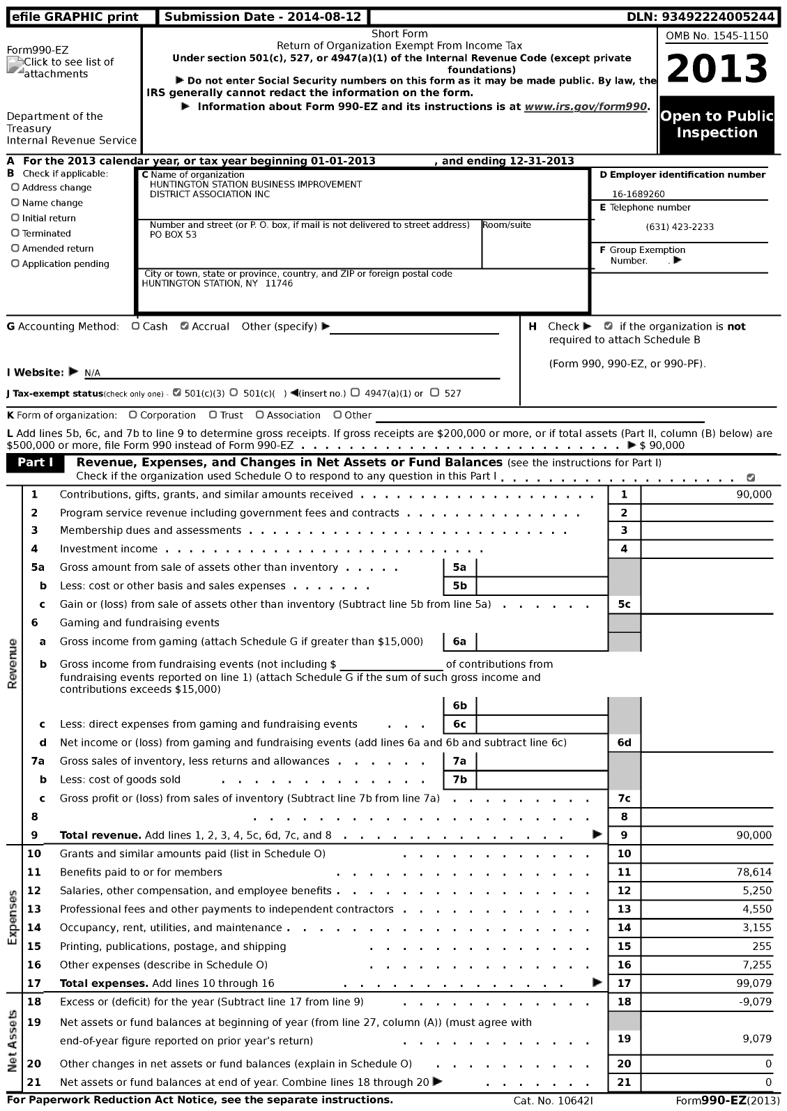 Image of first page of 2013 Form 990EZ for Huntington Station Business Improvement District Association